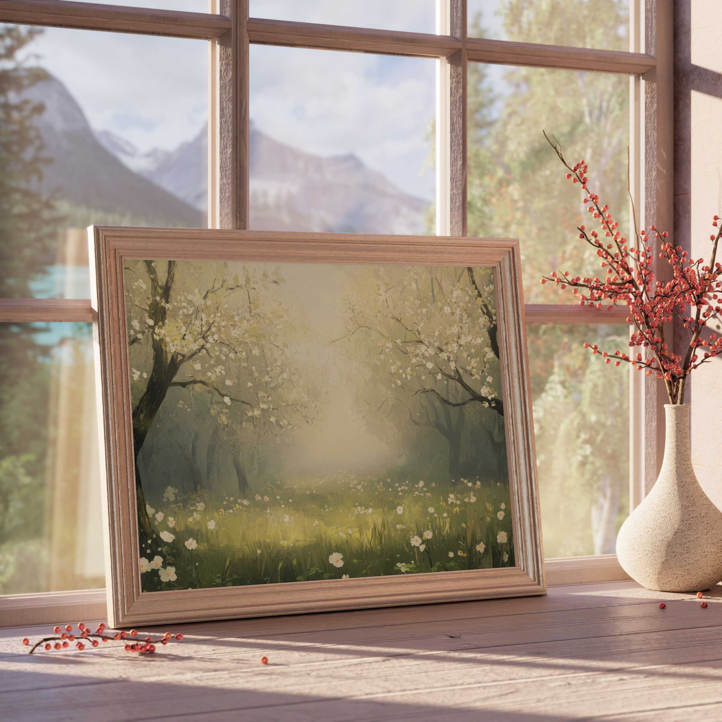 Spring downloadable art framing a serene orchard in delicate bloom, elevating tranquil, nature-inspired interiors with soft light and curated elegance