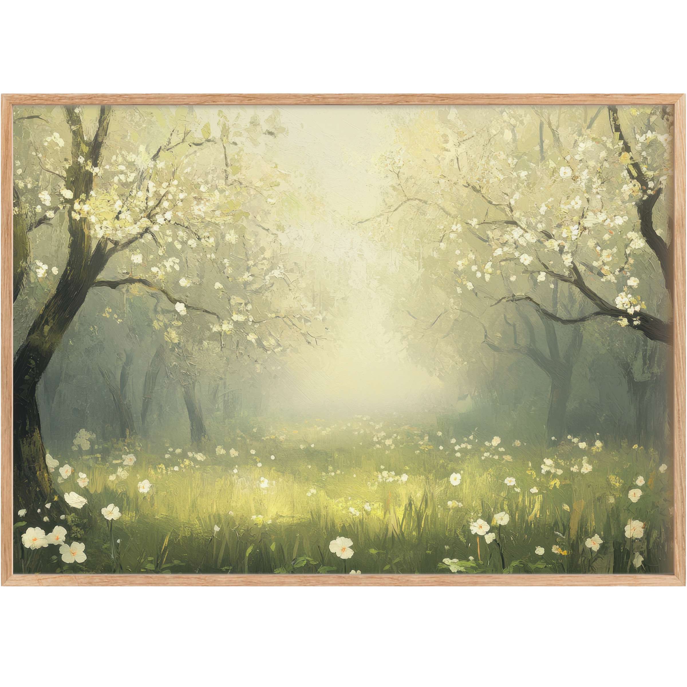 Radiant spring printable wall art capturing a misty orchard with soft whites and fresh greens, evoking peace and renewal