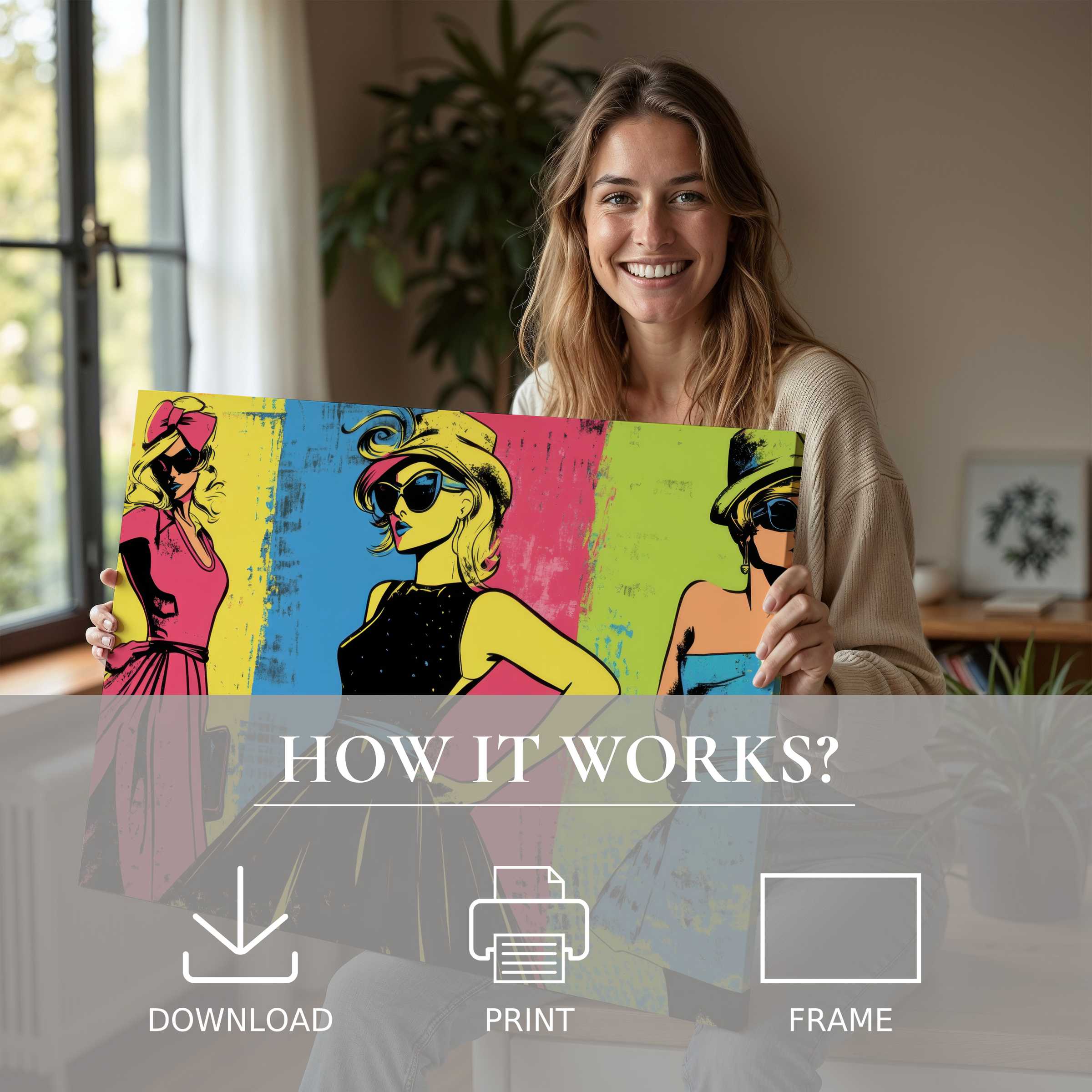 A joyful moment unfolds as a sleek pop art digital art print breathes vibrant energy into a chic, modern home