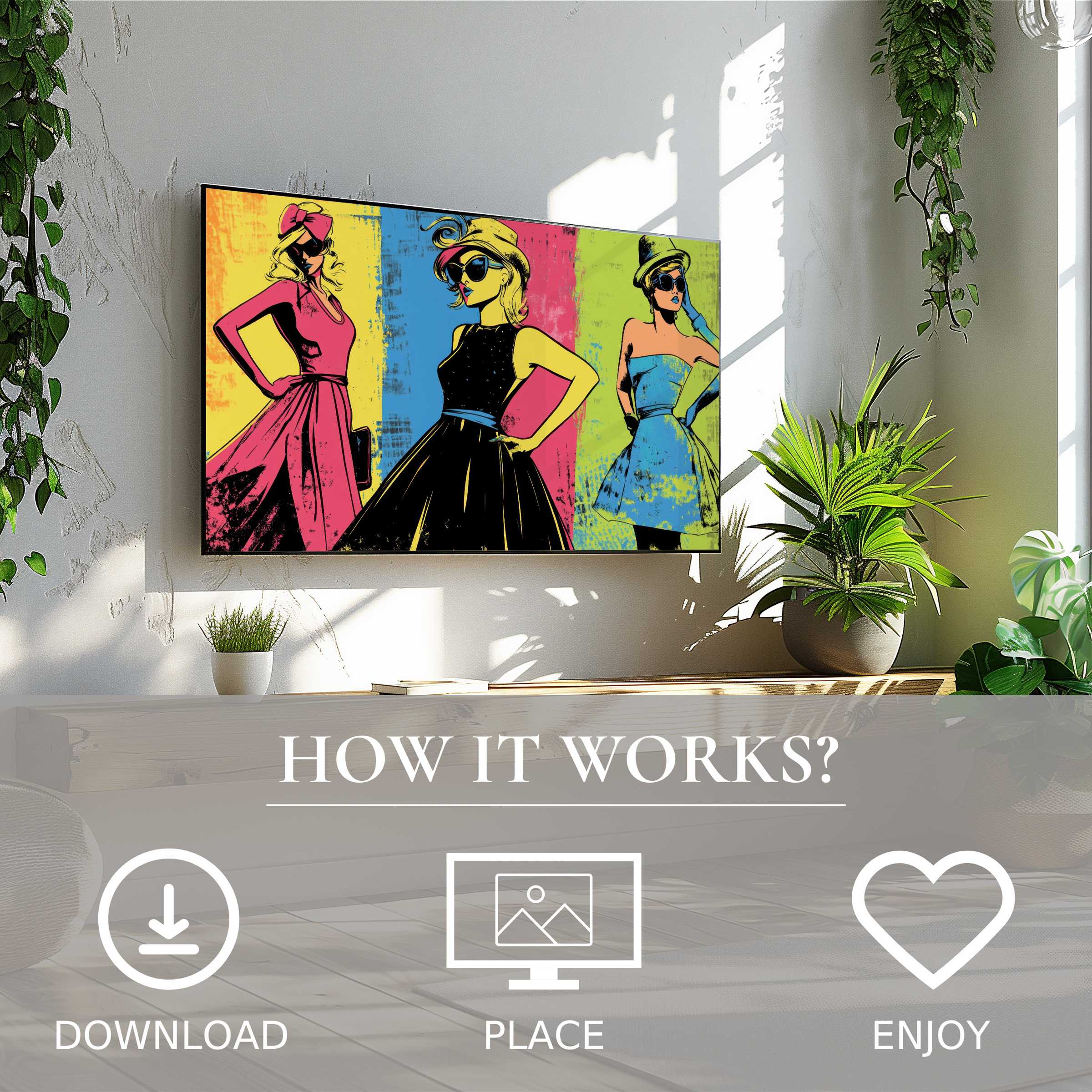 Pop art art for Samsung TV, bold color blocks and stylish figures, easy digital download enriches living space