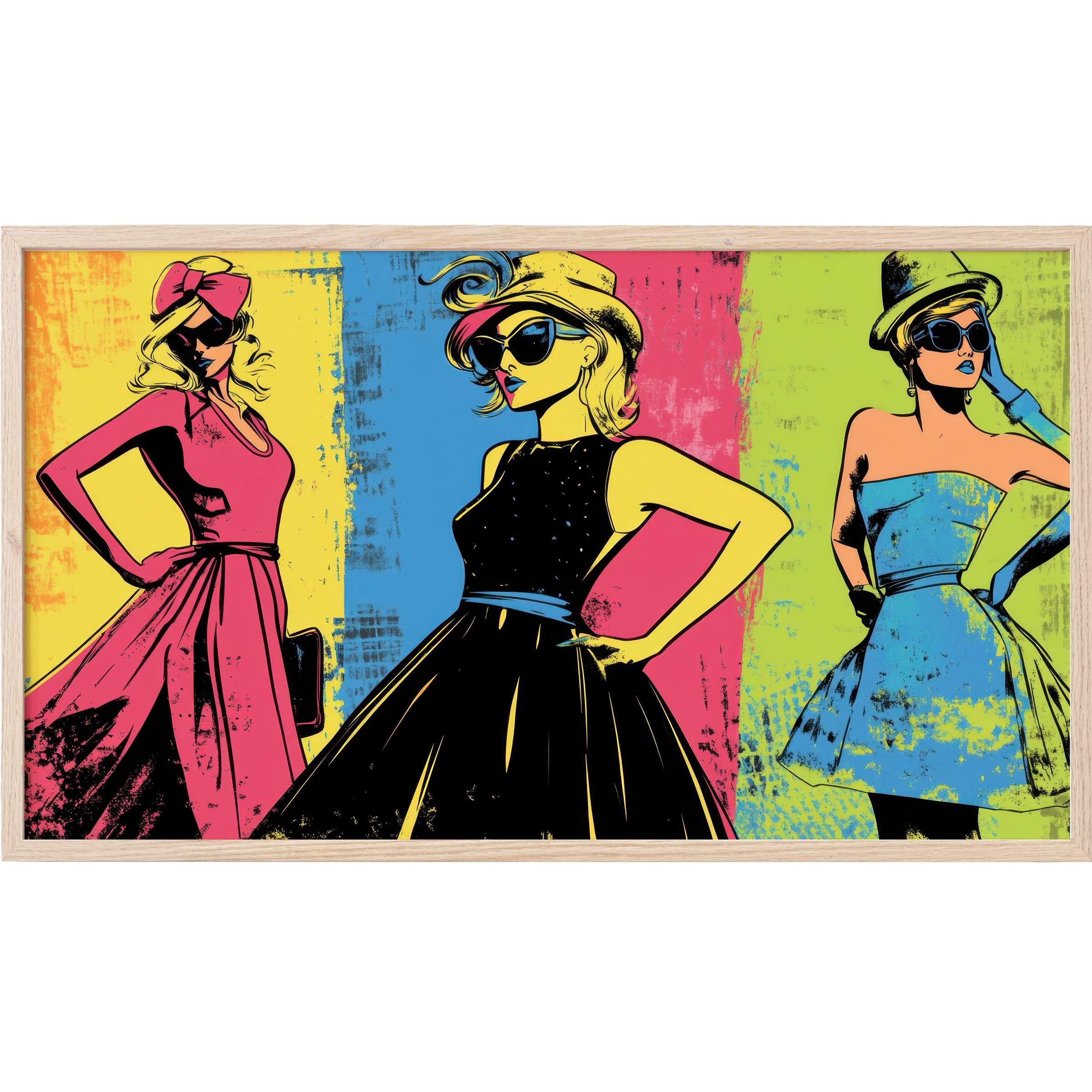 Bold, colorful pop art Frame TV Art featuring three stylish women in retro dresses with vivid backgrounds