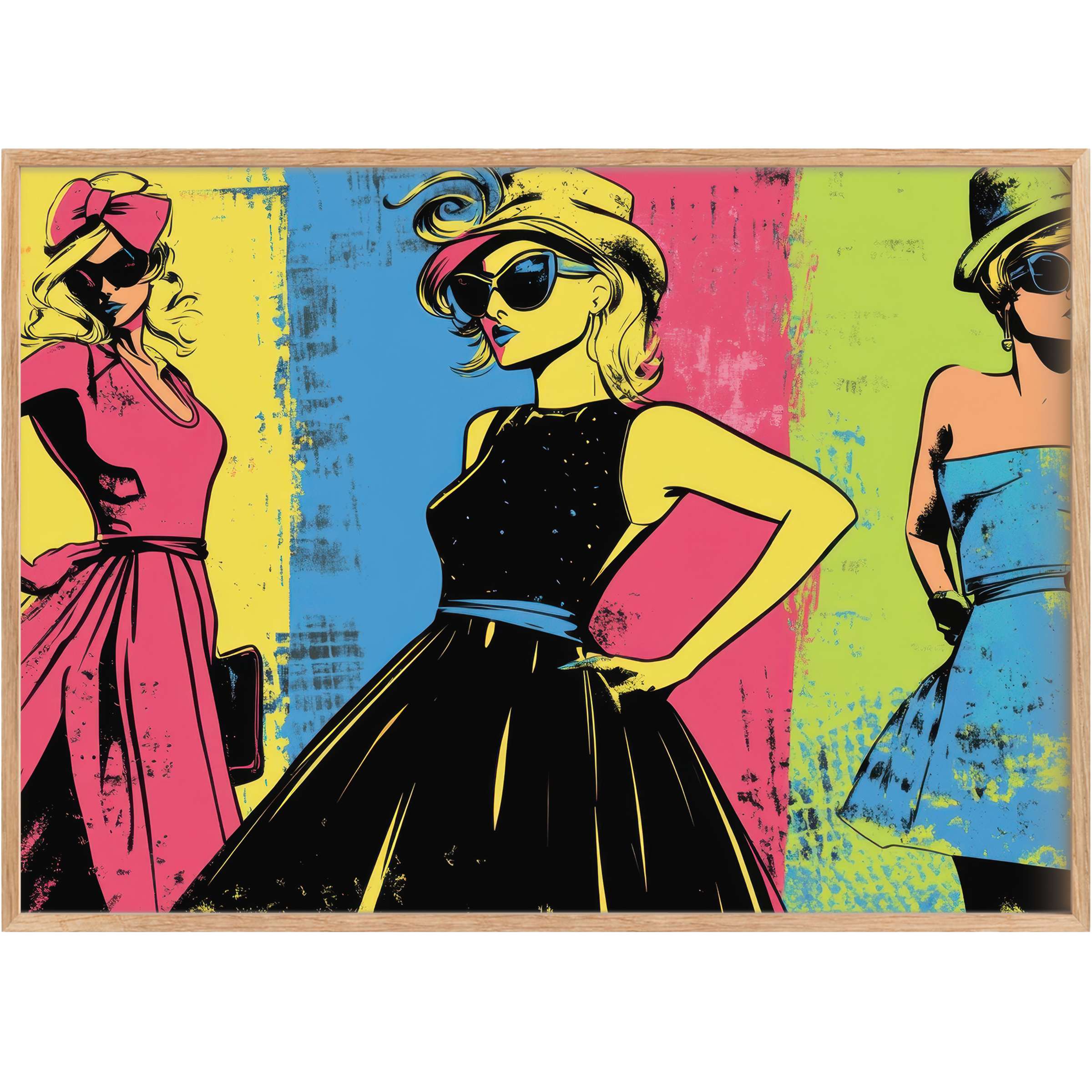 Vibrant pop art printable wall art radiates confident glamour with bold yellows, blues, and pinks, energizing chic interiors