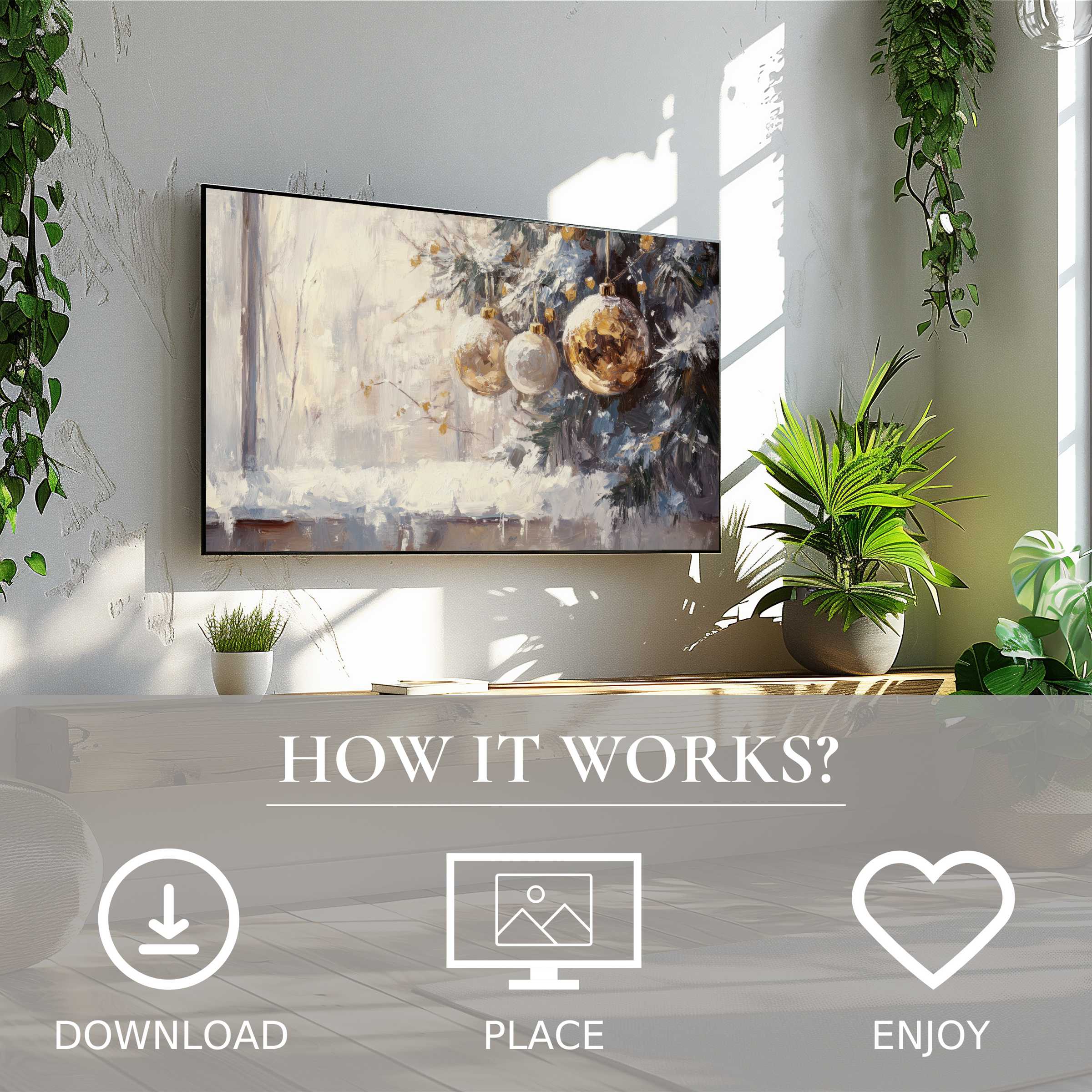 Modern living room with lush plants and easy digital download; christmas art for Samsung TV shows soft winter tones