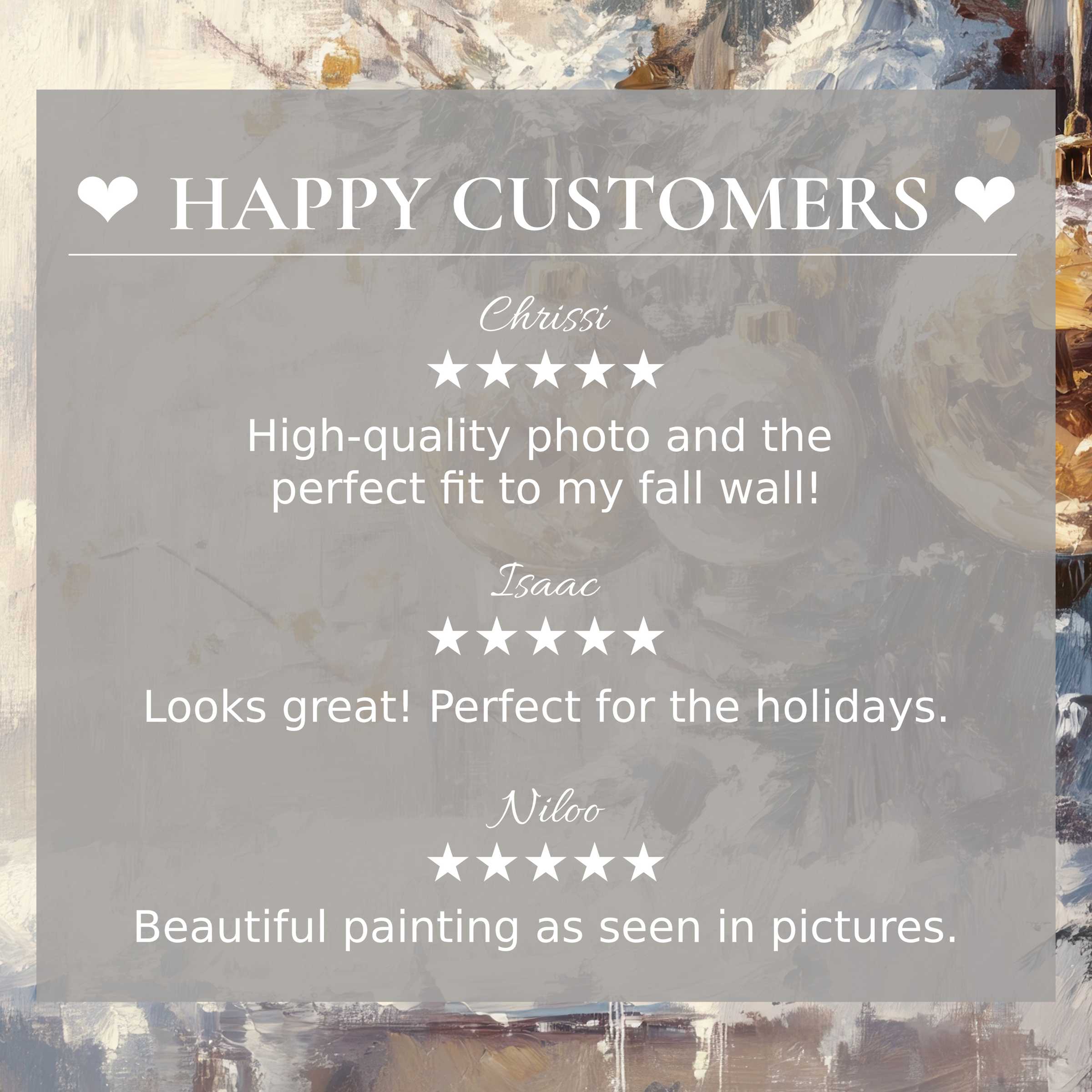Refined christmas art for Frame TV with happy customer reviews over elegant, muted abstract winter tones background
