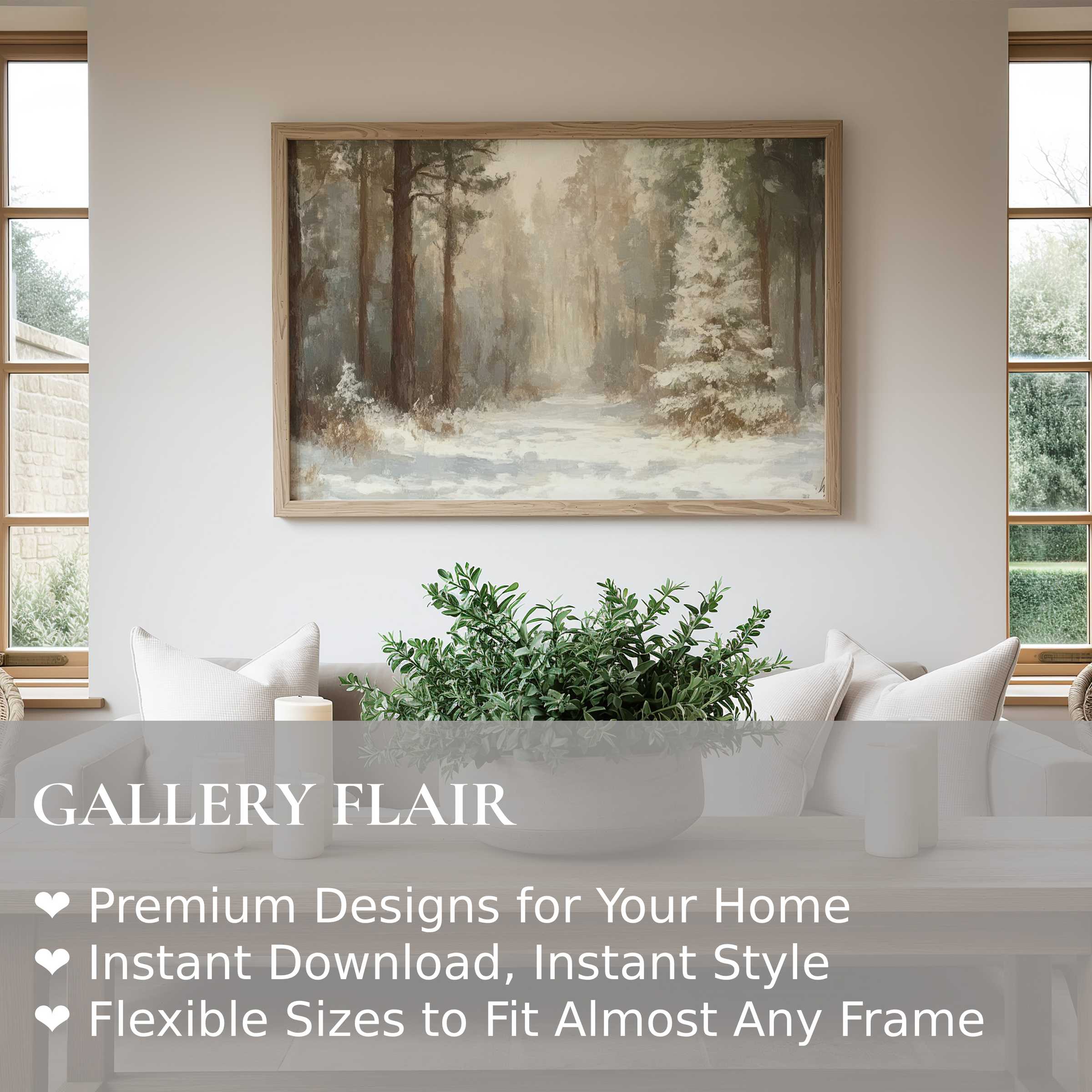 Winter wall art print capturing a serene snow-covered forest path, radiating calm and warmth in a modern, minimal living space