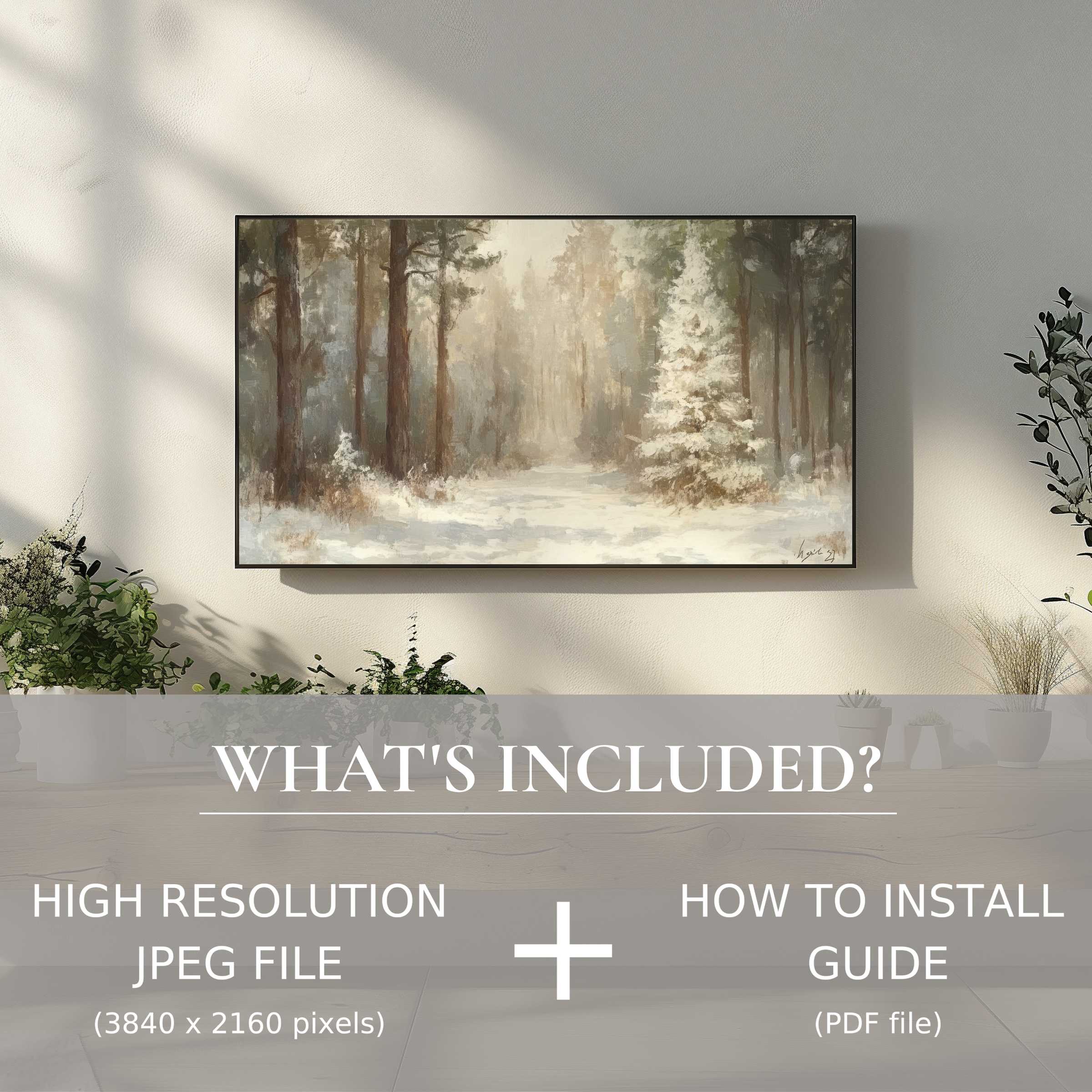 Winter digital TV art download enhances your modern living space with easy digital use and serene forest imagery