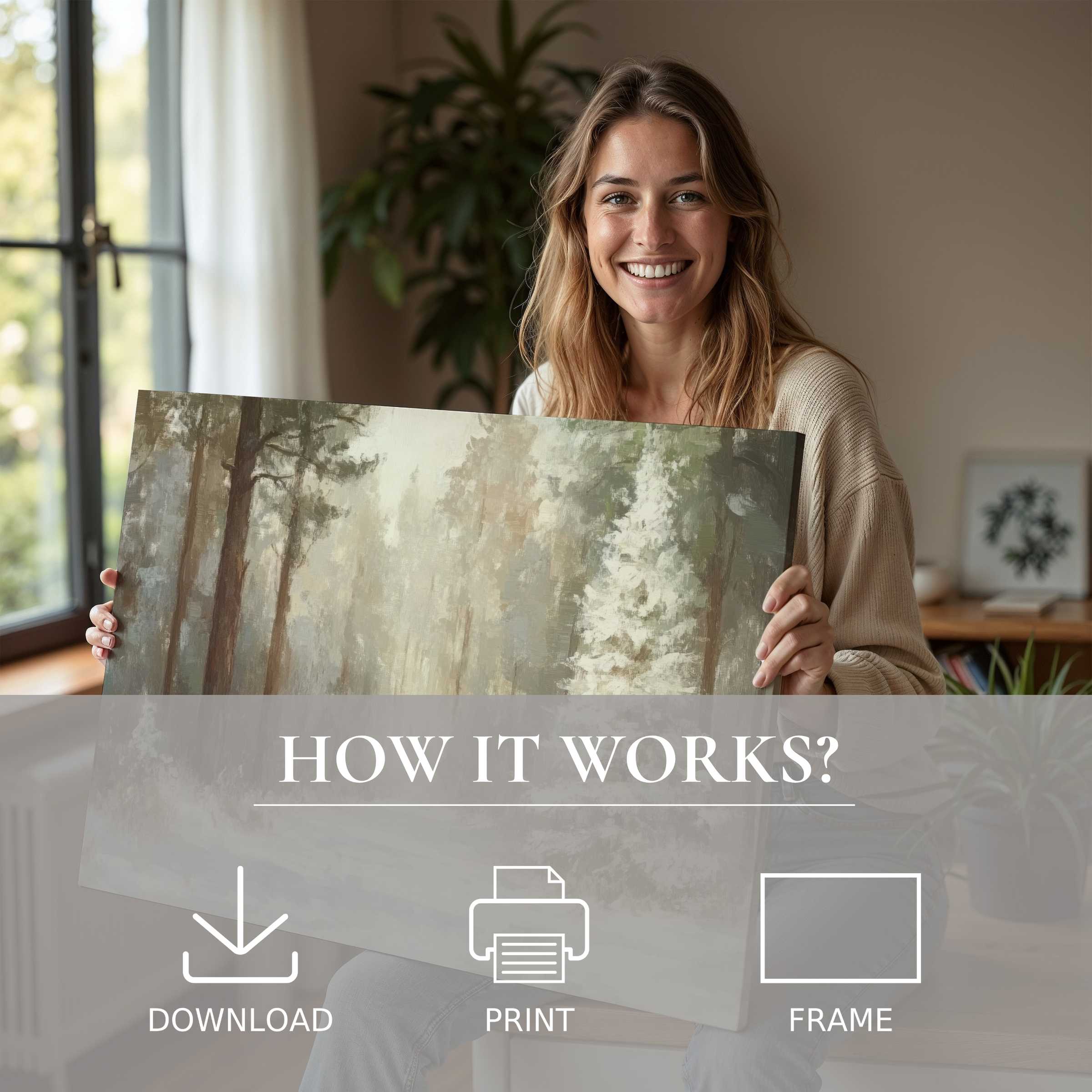 Elegant winter digital art print radiates calm, as a woman joyfully embraces serene beauty in her modern home