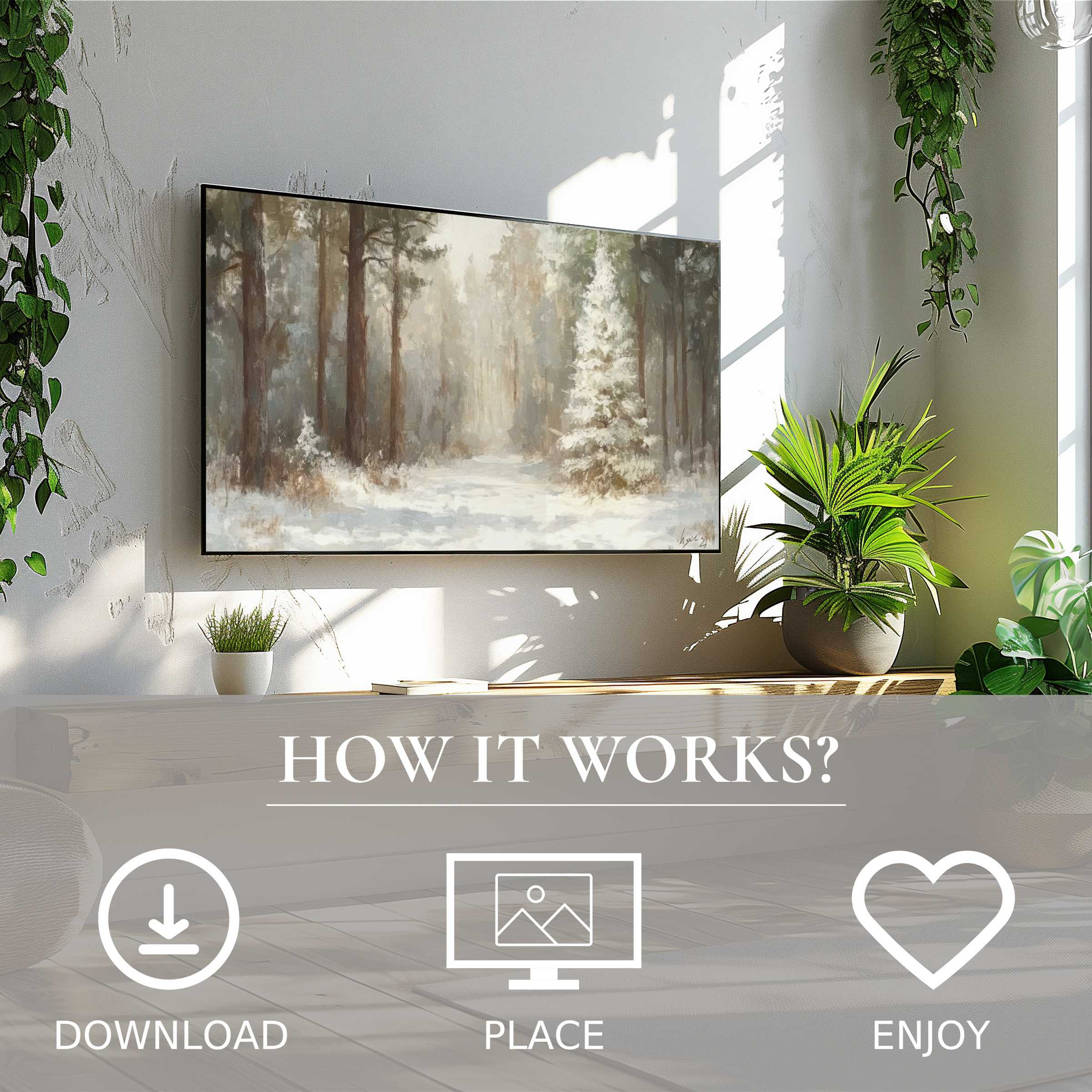 Winter art for Samsung TV shows soft snowy forest tones, easy digital download enriching modern, green-filled living spaces