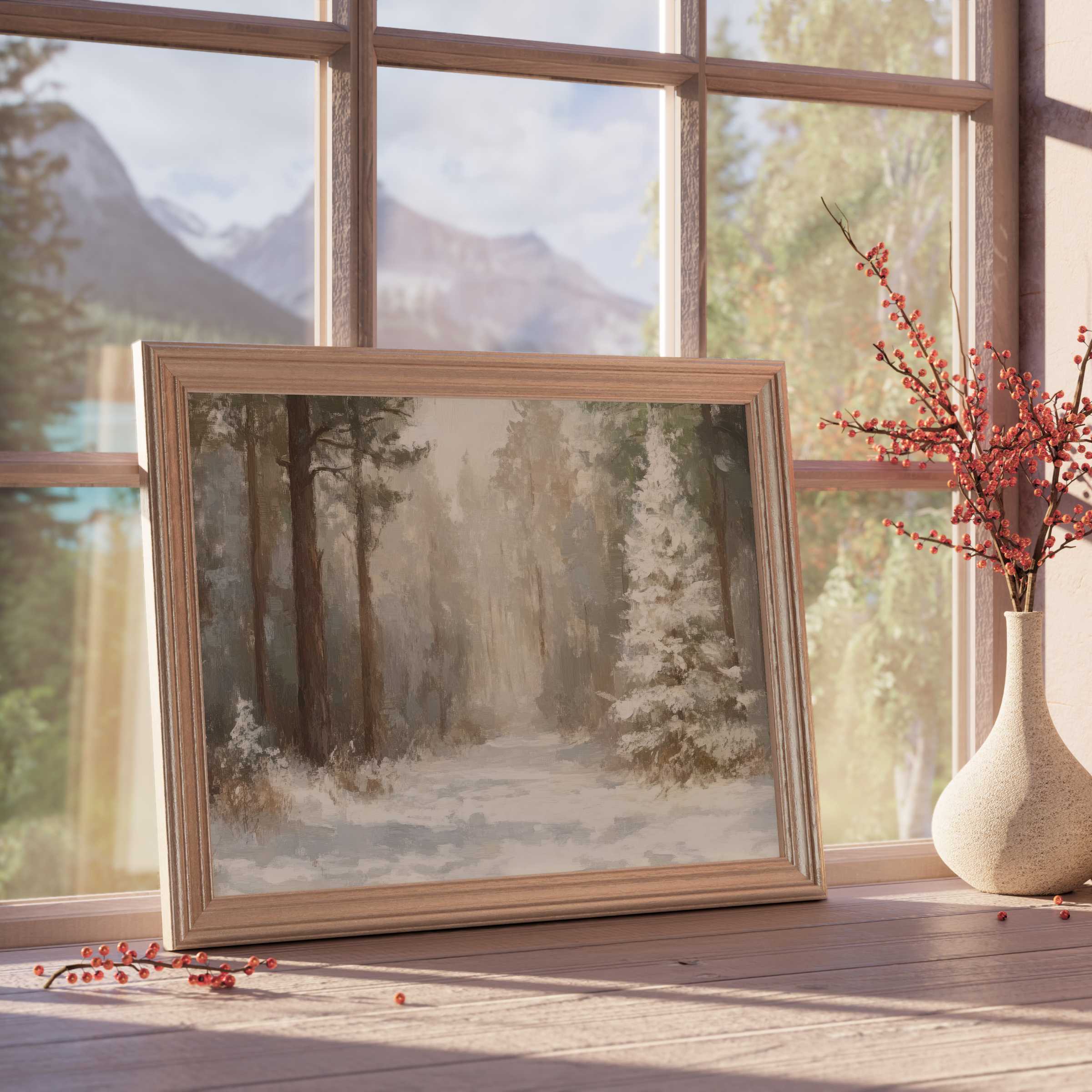 Winter downloadable art capturing a serene snowy forest path in muted tones, perfect for elegant, calm interiors