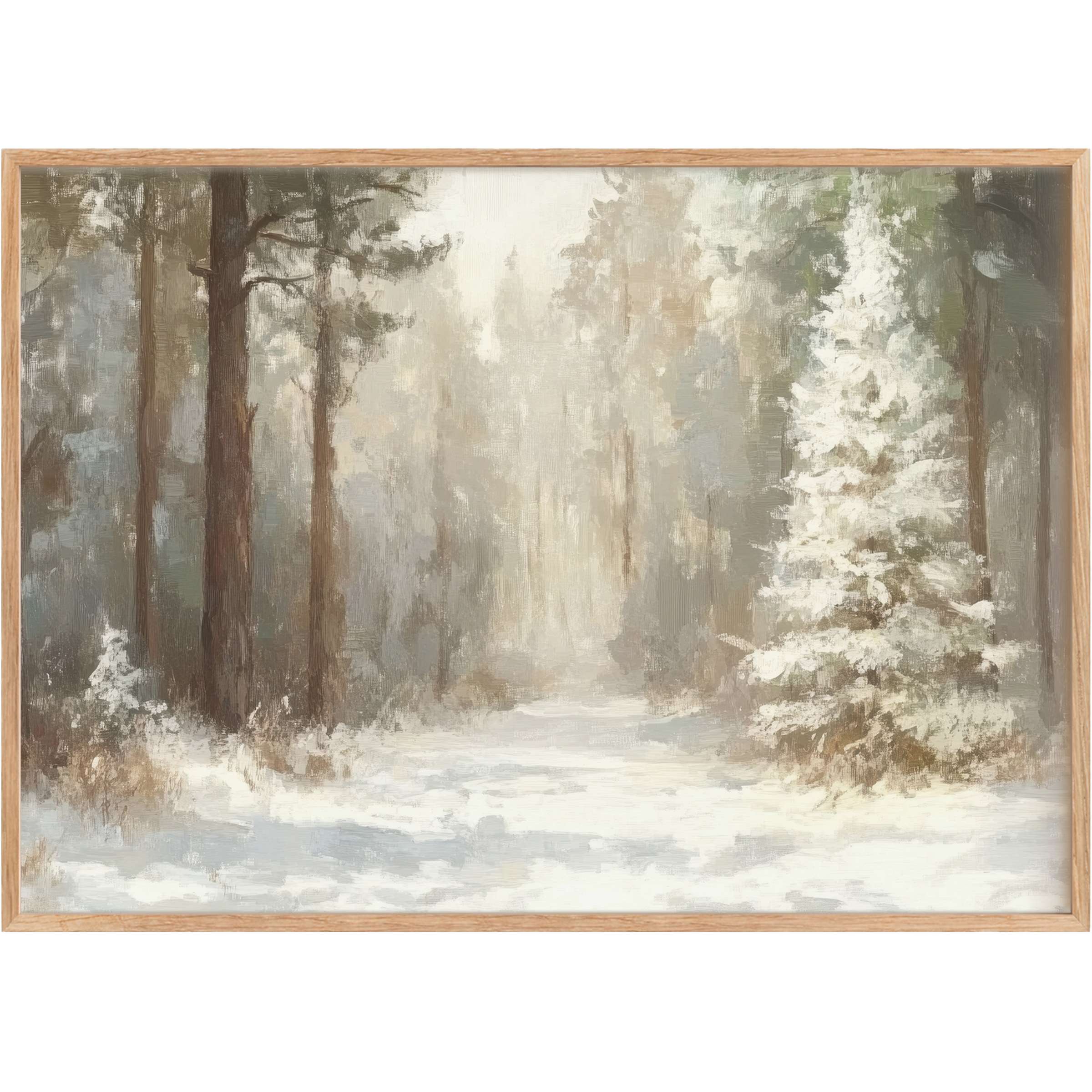 Serene winter printable wall art with muted browns and icy whites, evoking a tranquil, softly glowing forest retreat