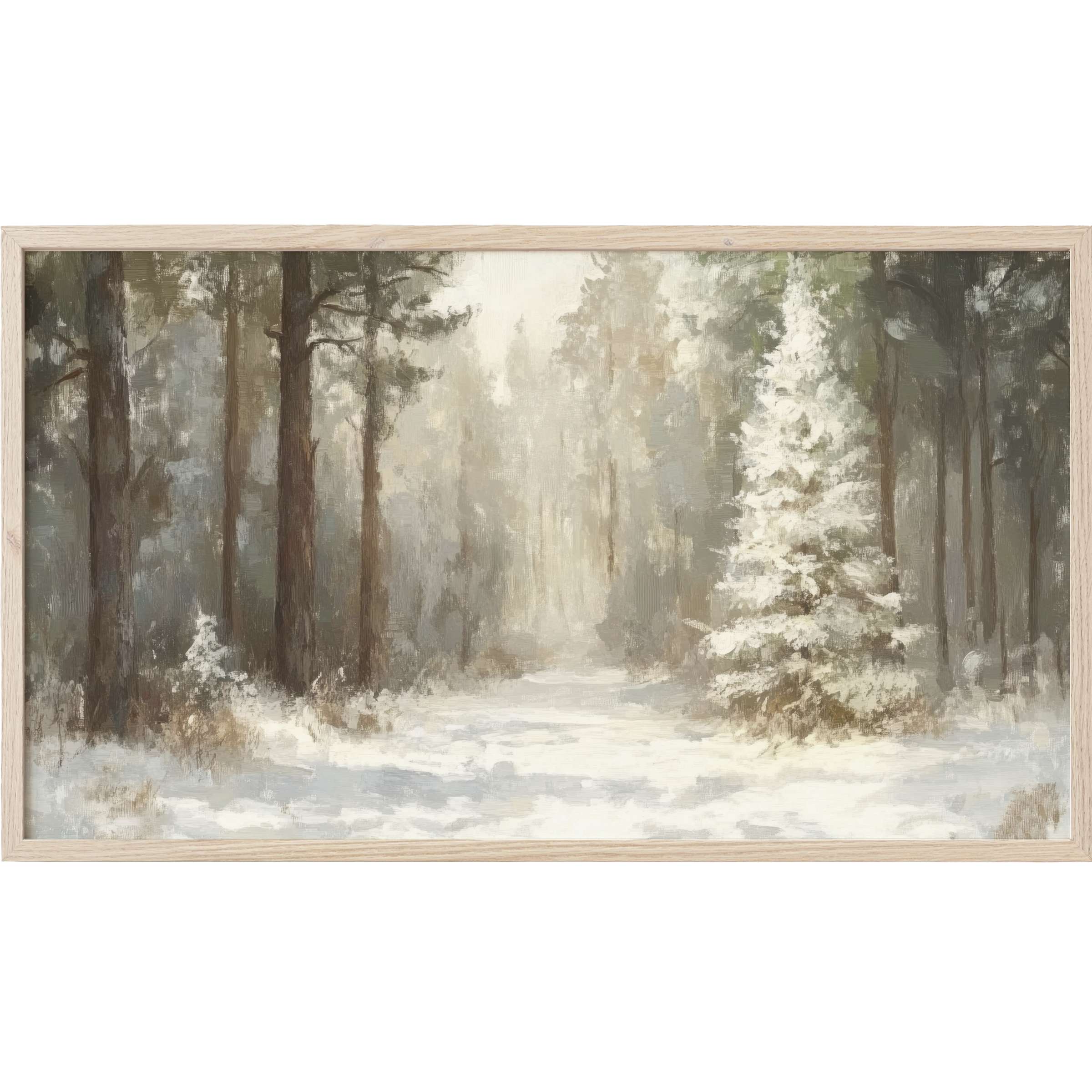 Winter Frame TV Art depicting a serene snow-covered forest path in muted tones and soft, impressionistic brushstrokes