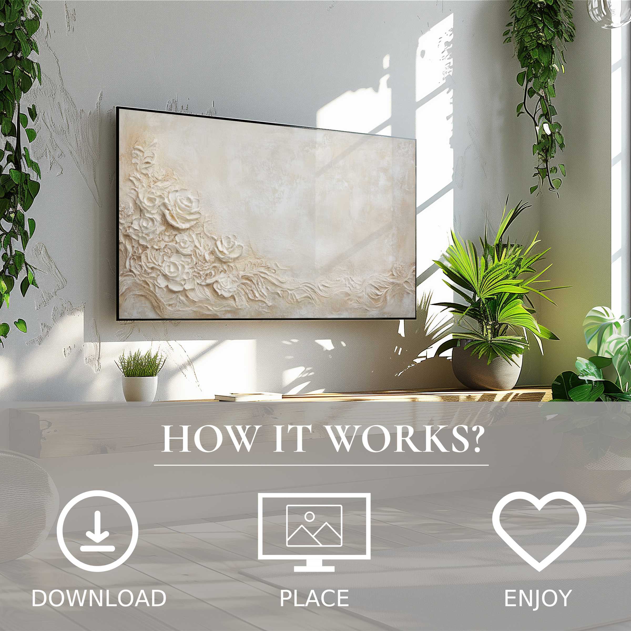 Boho art for Samsung TV with soft beige floral relief motif, easy digital download enriches modern living spaces