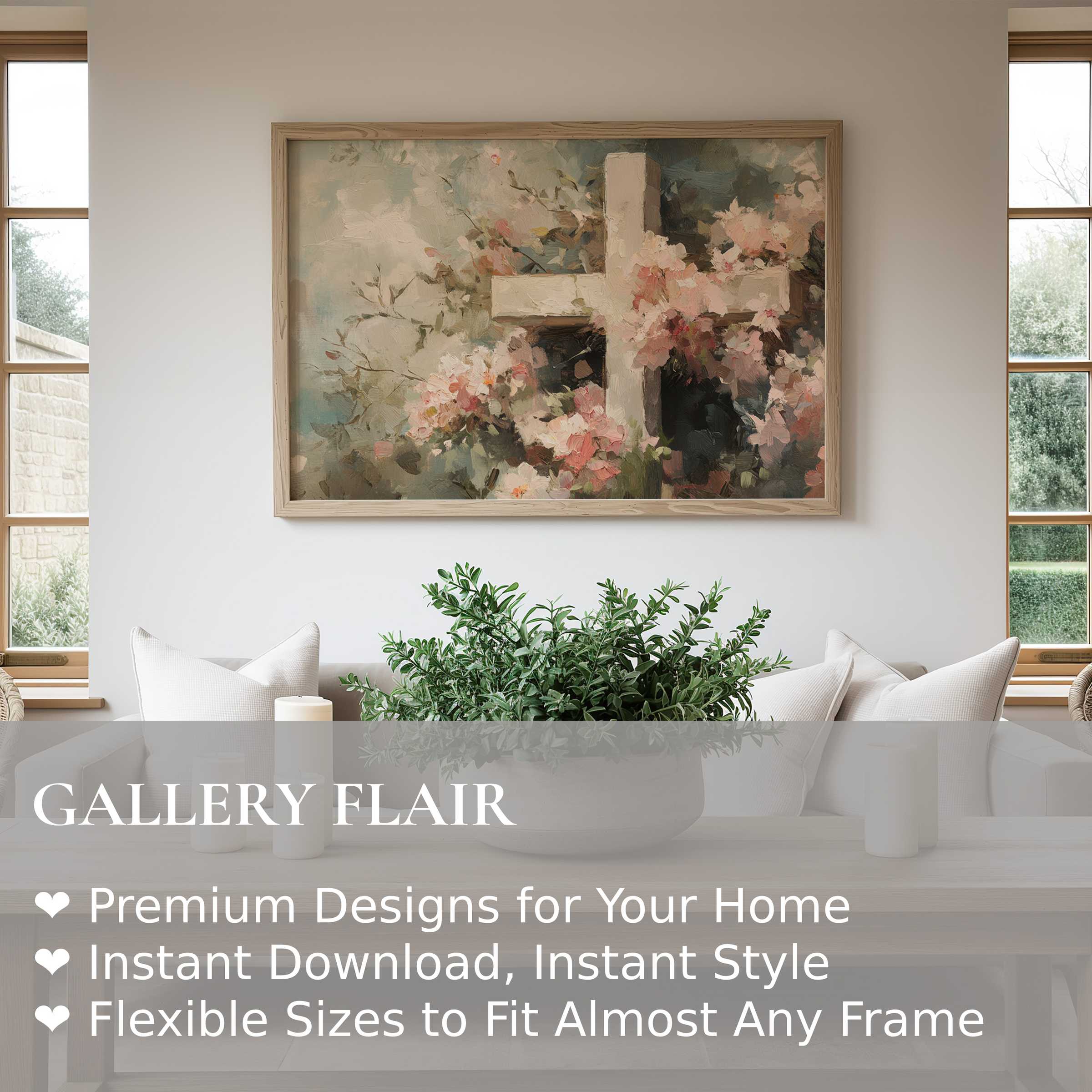 Elegant easter wall art print featuring a serene cross amid blush blossoms, enhancing modern minimalistic interiors with soft, calming grace