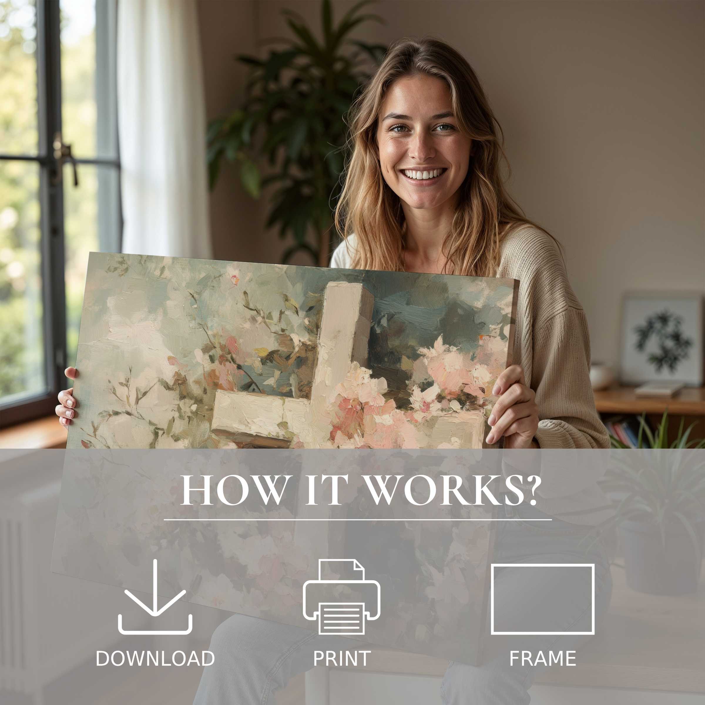 A joyful moment unveiling an Easter digital art print in serene pastels, enriching modern living with effortless elegance