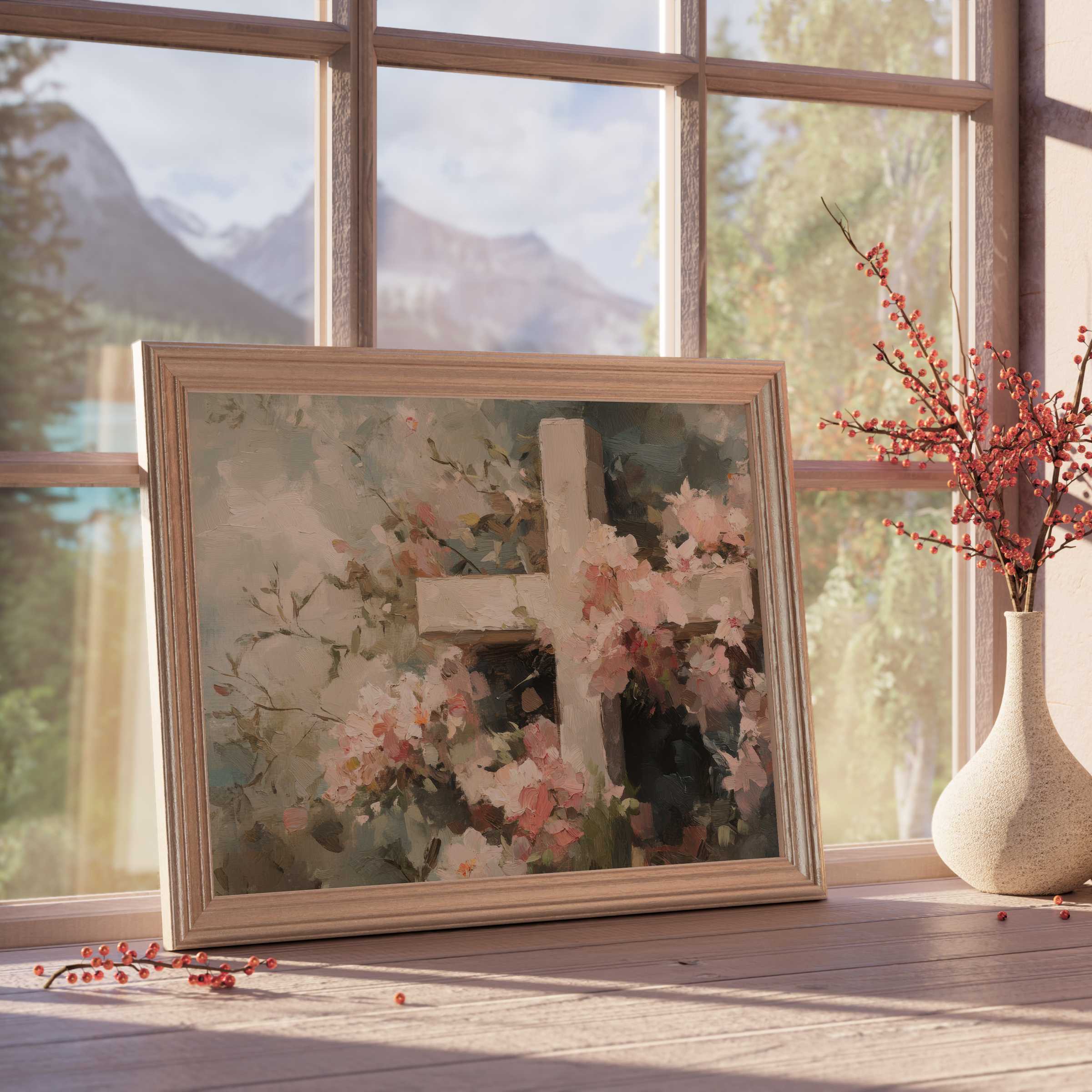 Easter downloadable art featuring a serene floral cross with soft pink blossoms, elevating tranquil, curated interiors