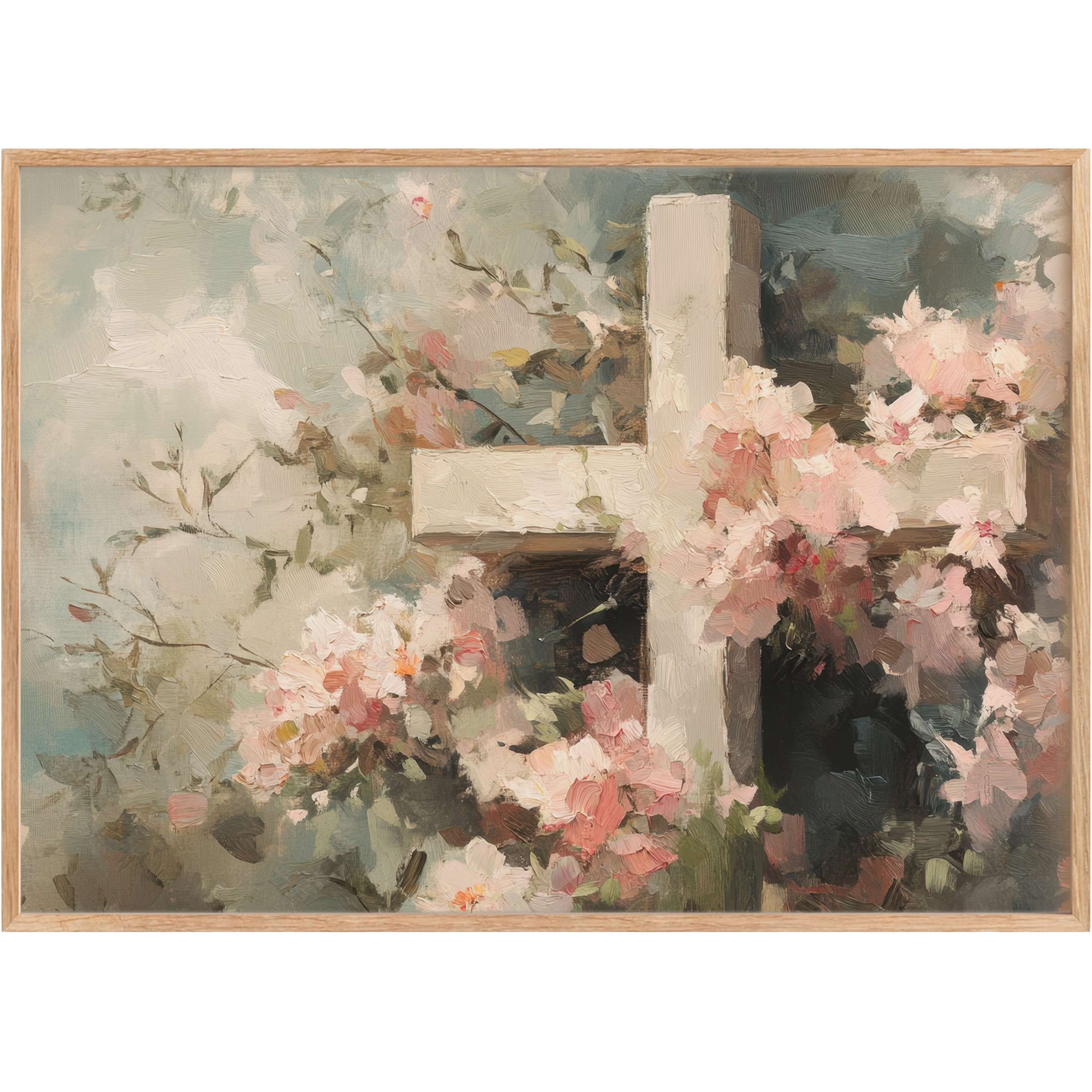 Easter printable wall art featuring a serene white cross adorned with soft pink blossoms, evoking a radiant and peaceful spring ambiance