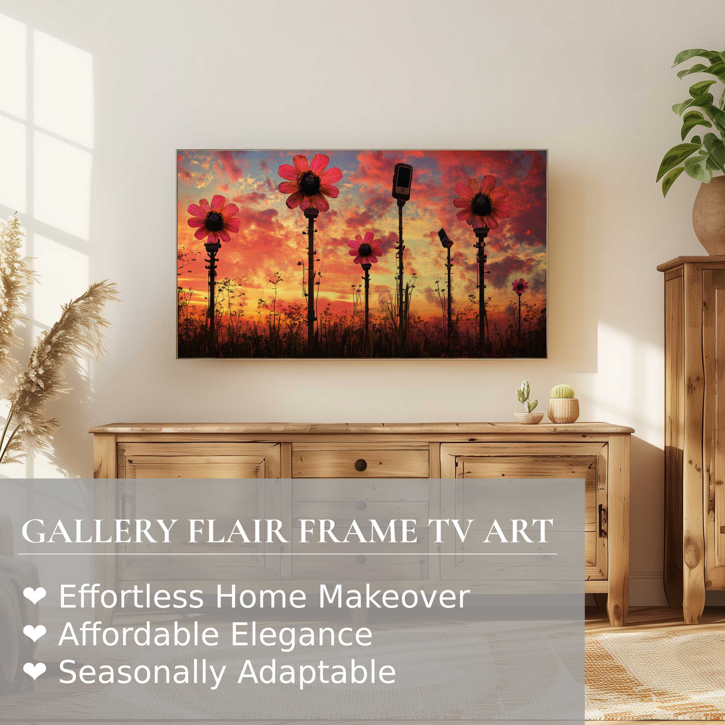 Modern living with Samsung Frame TV displaying vibrant street art digital artwork, blending nature and urban elegance