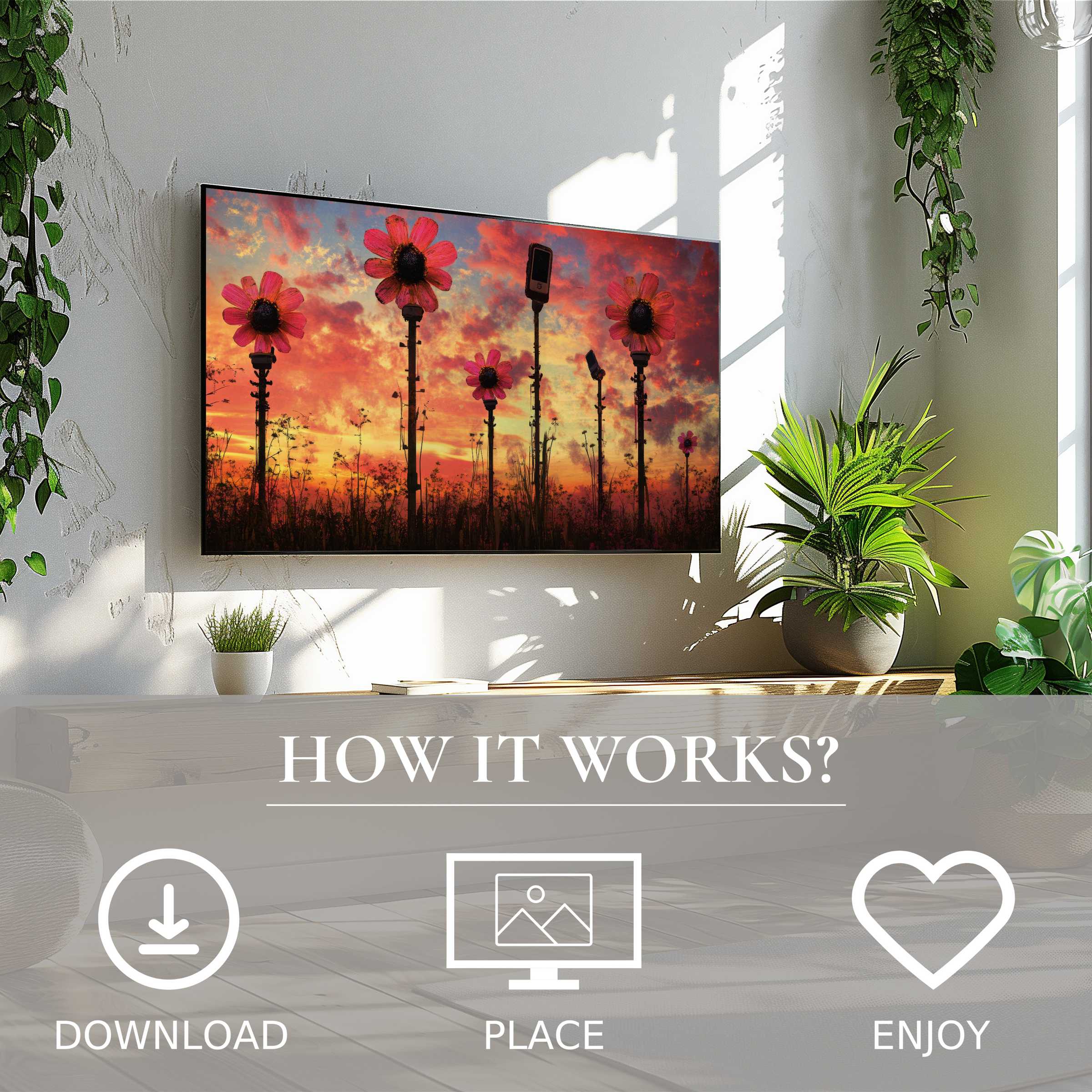 Modern living room with vibrant sunset flower motif on Frame TV, street art for Samsung TV, easy digital download