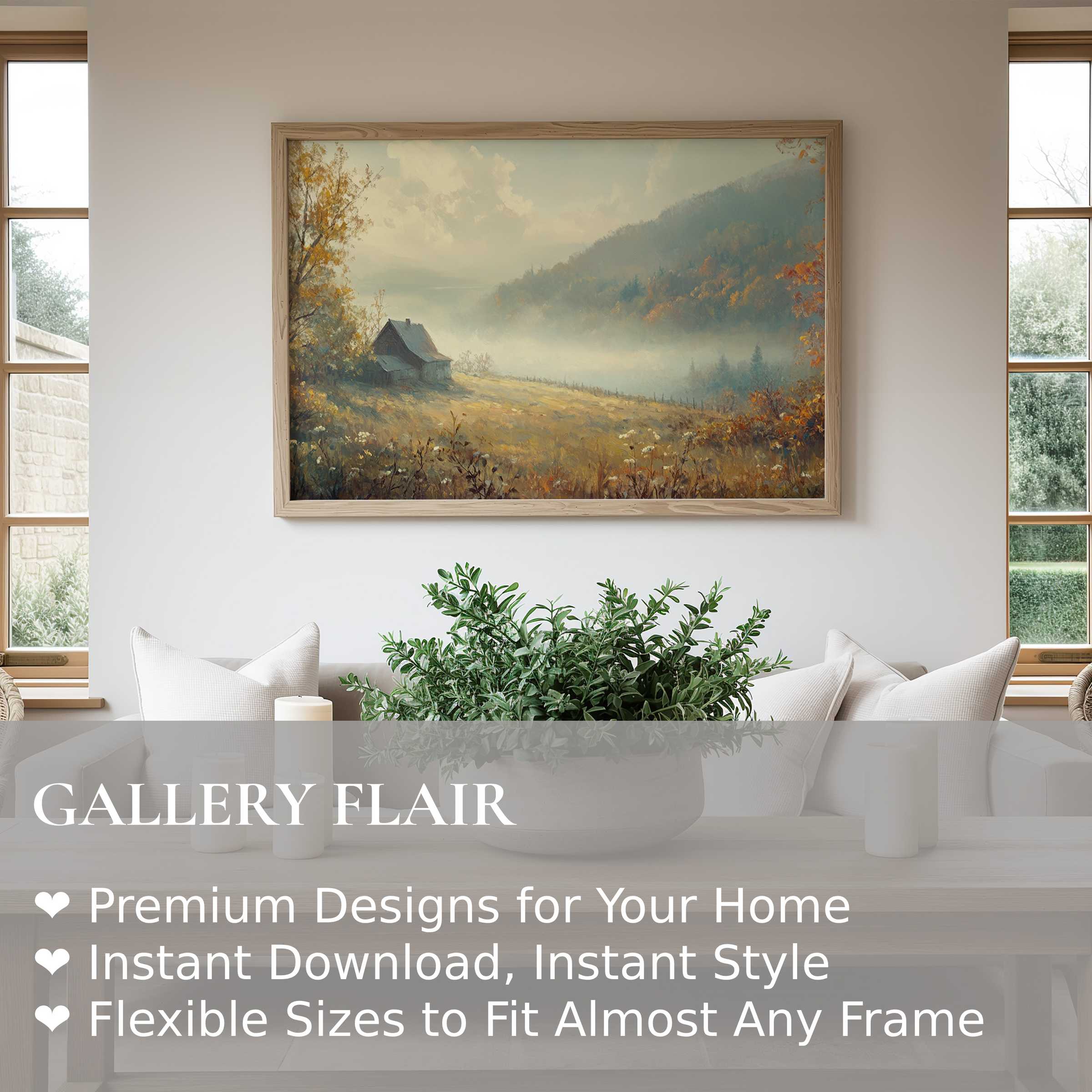 Elegant fall wall art print featuring a serene misty meadow and rustic cabin, enhancing modern neutral interiors with calming autumn charm