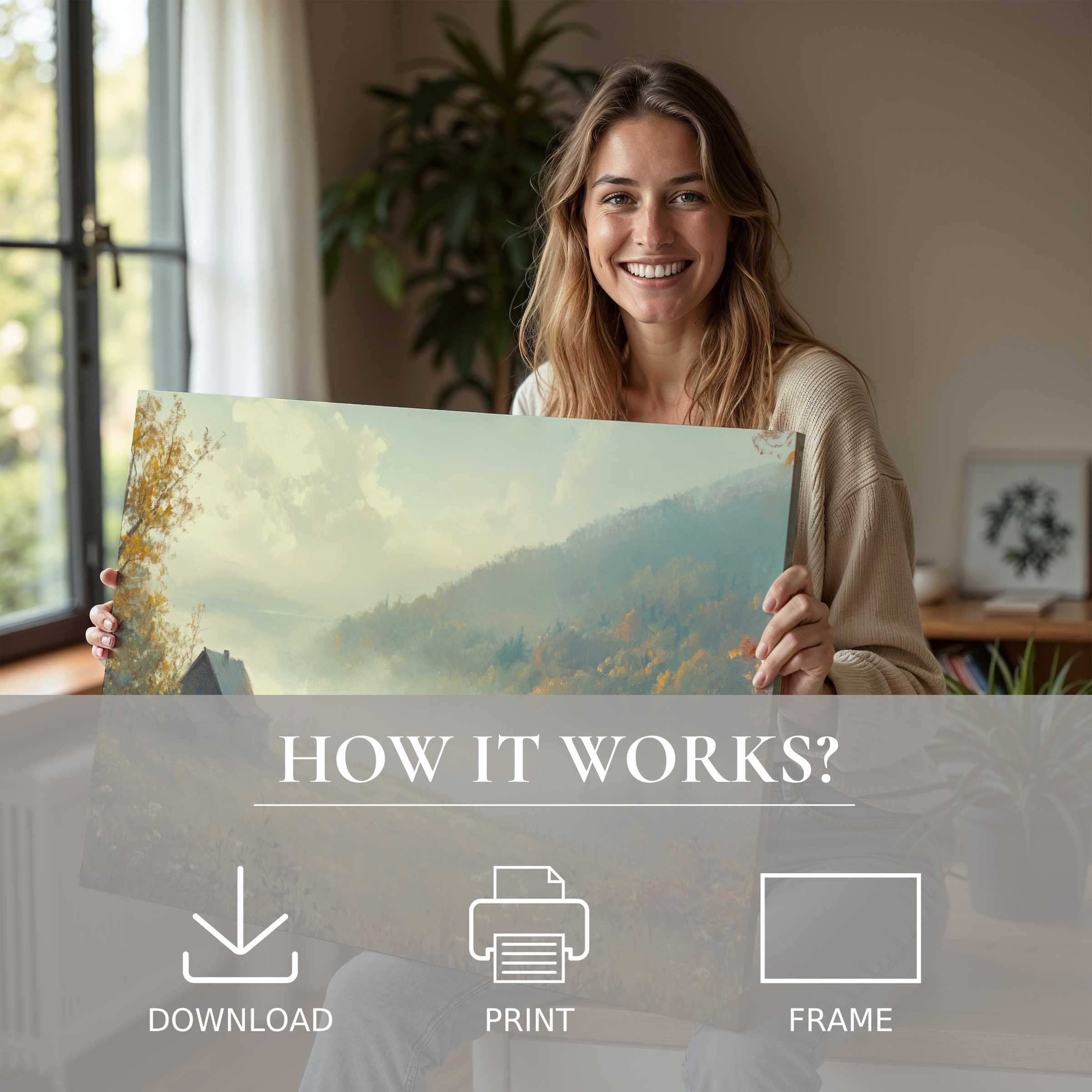 Contemporary woman radiates joy in a sunlit modern home, unveiling a tranquil fall digital art print, embodying effortless elegance