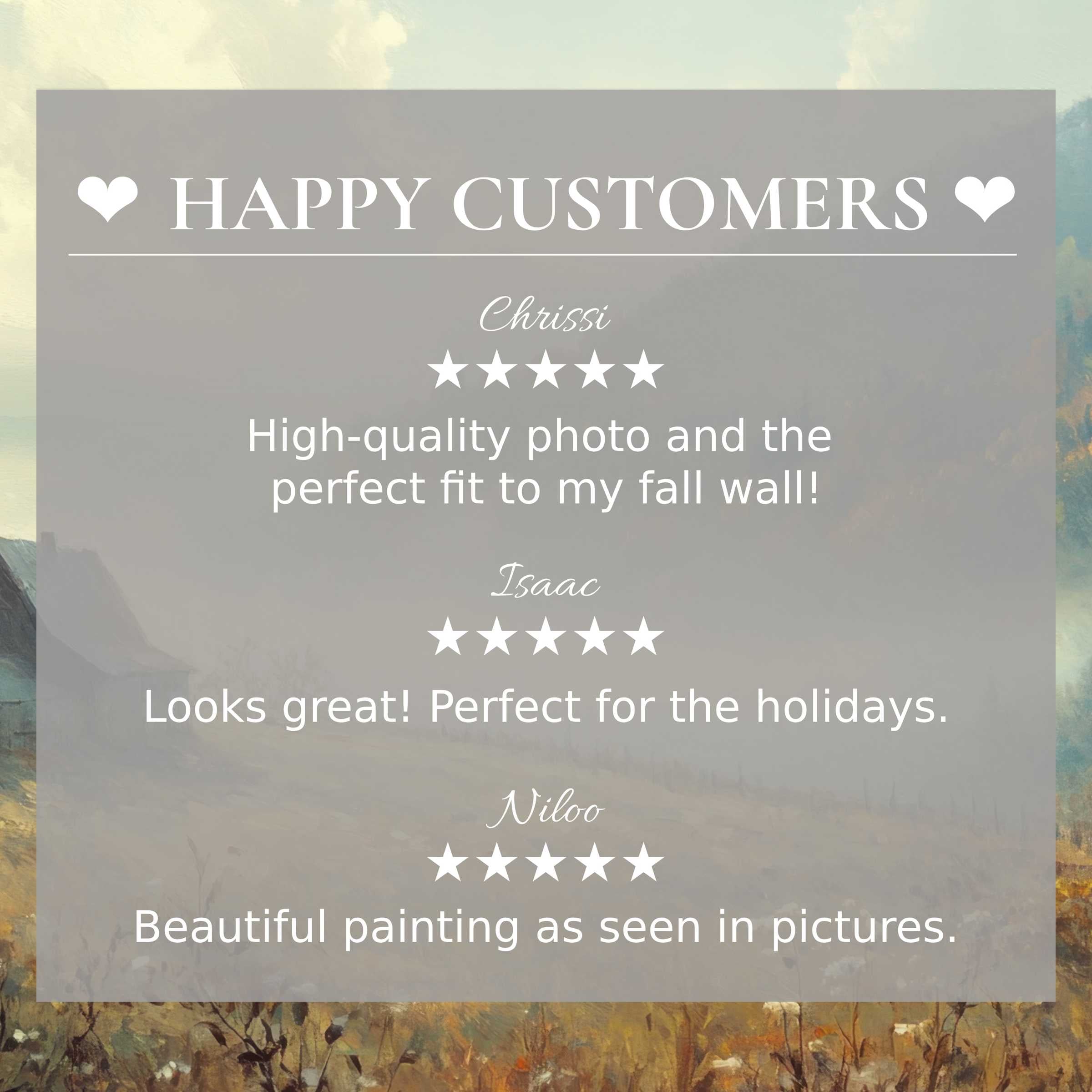 Fall art for Frame TV with soft sunset tones, showcasing happy customer reviews and elegant, trust-building design