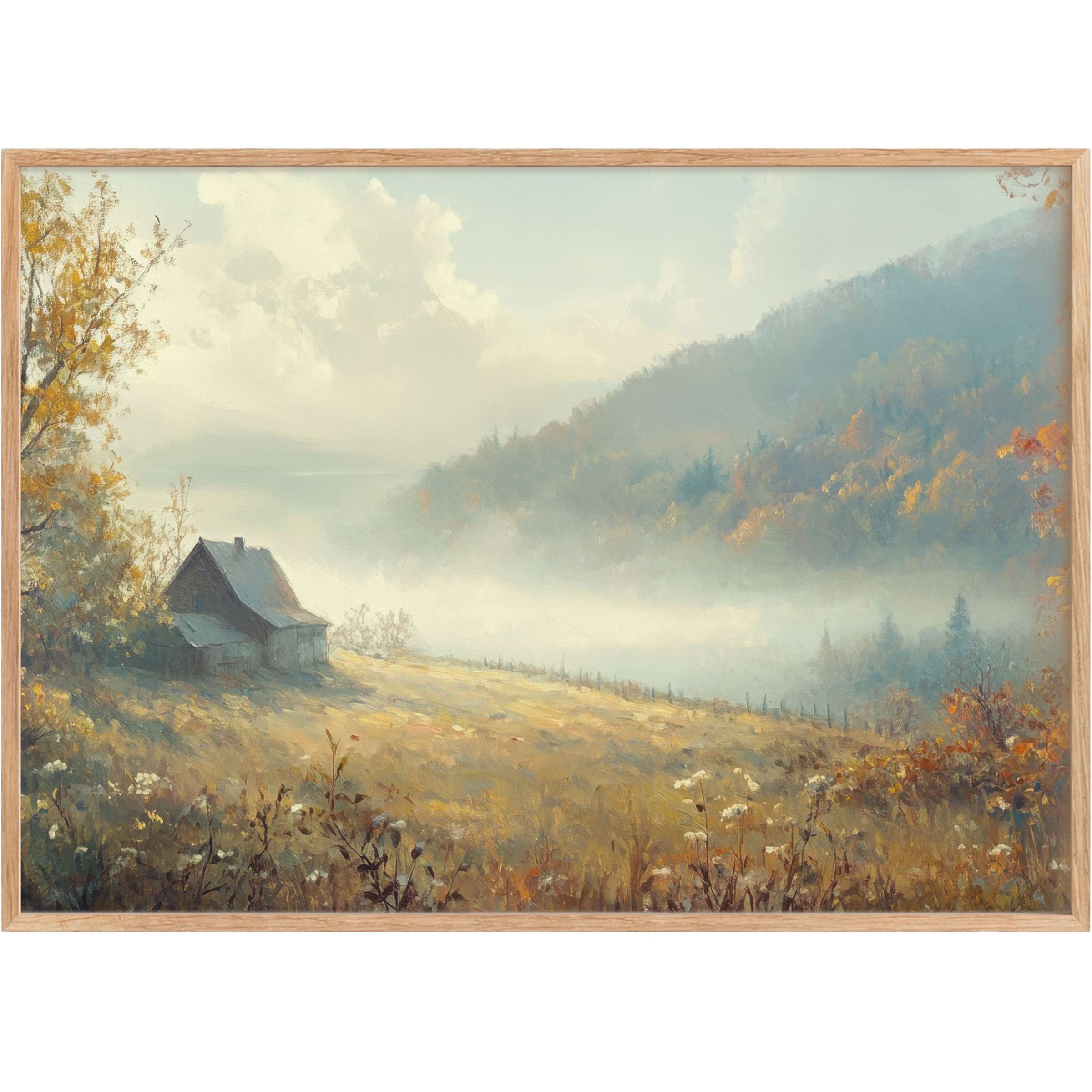 Serene fall printable wall art with soft golden hues and misty blue tones, evoking tranquil warmth and timeless rustic charm