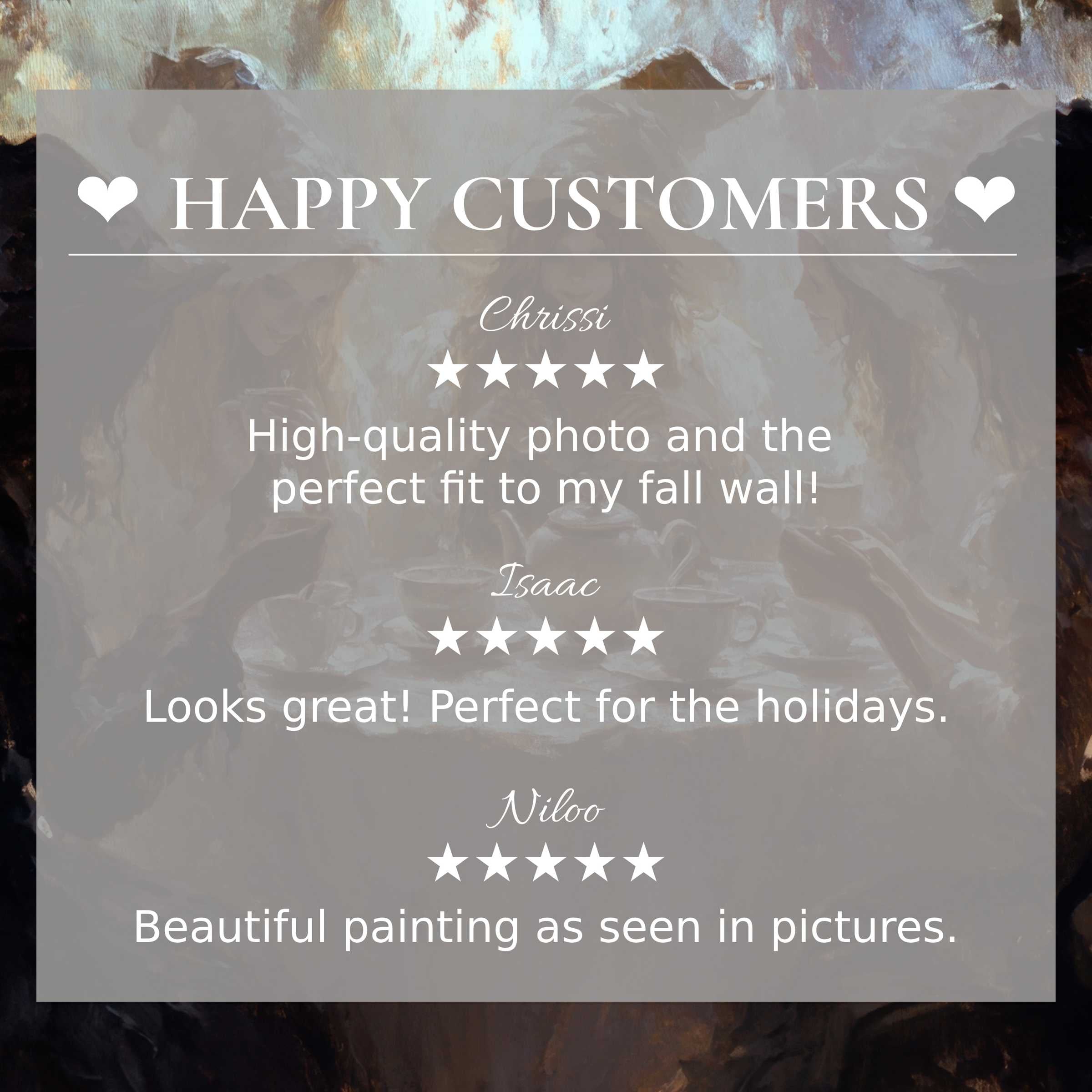 Happy customer reviews over elegant Halloween art for Frame TV with warm, abstract sunset-inspired background tones