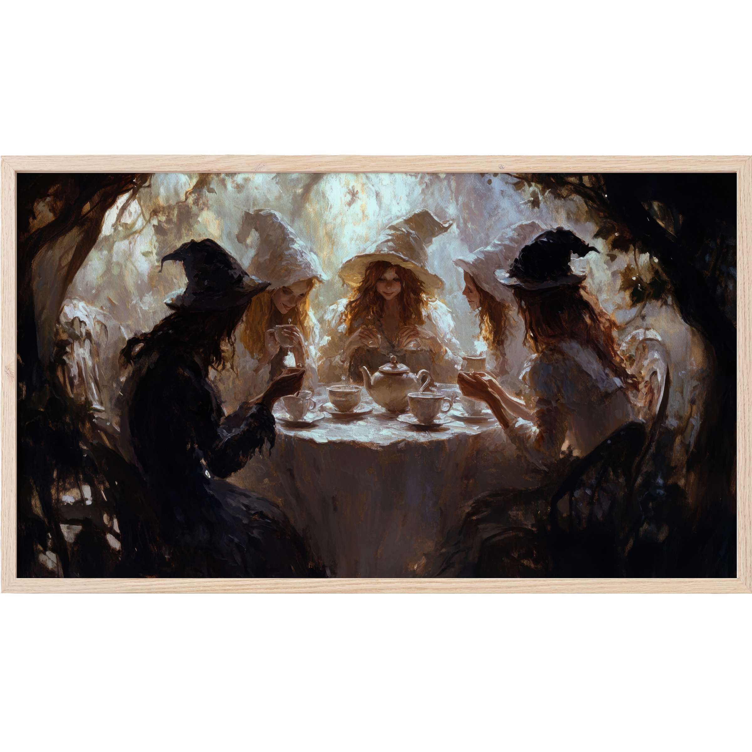 Ethereal witches with muted earth tones and soft light share tea in this elegant halloween Frame TV Art