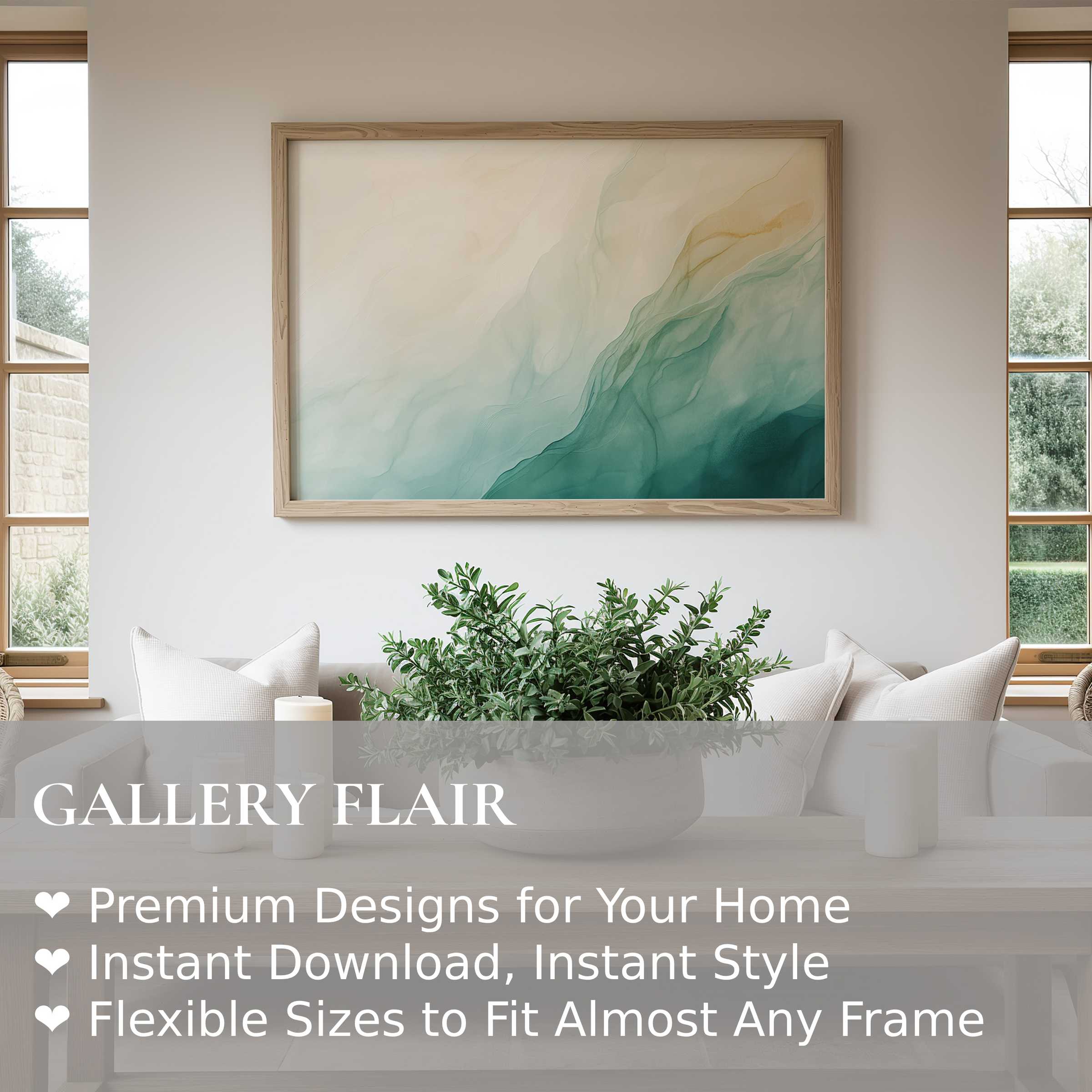 Ethereal abstract wall art print blending soft greens and creams, enriching serene, modern living spaces with calm sophistication