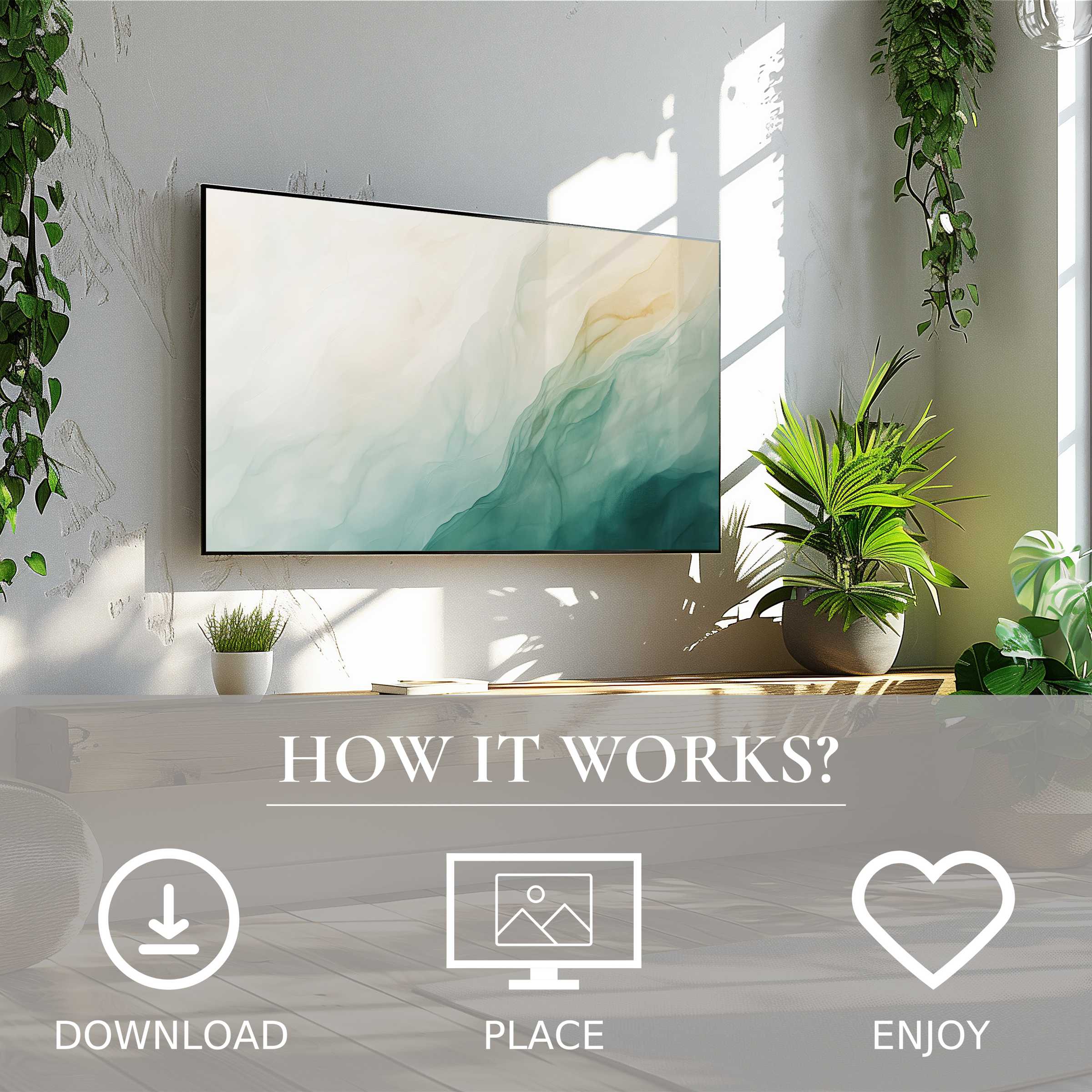 Abstract art for Samsung TV with calming teal and gold flow, easy digital download, enriches modern bright living spaces