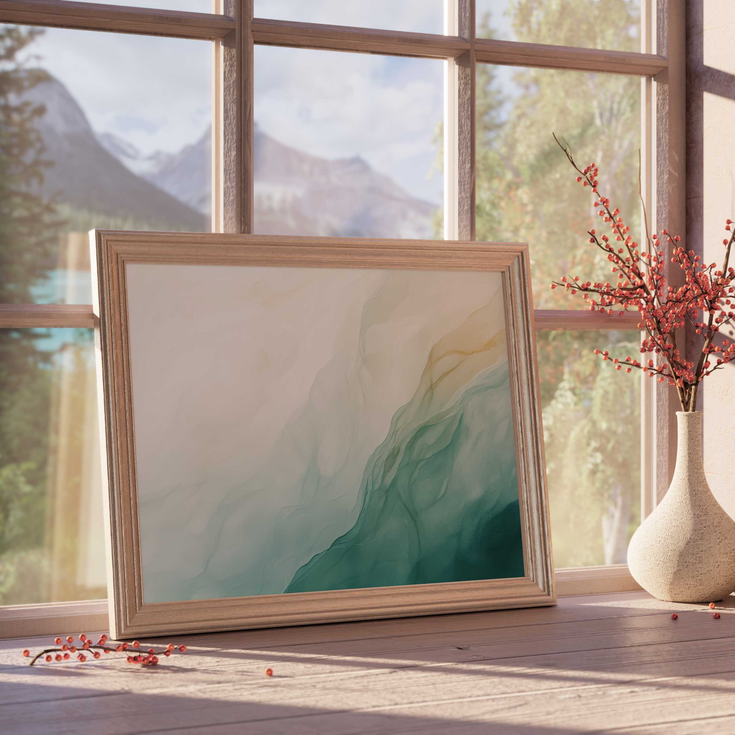 Abstract downloadable art in serene teal and beige hues, elevating tranquil, design-forward interiors with effortless elegance