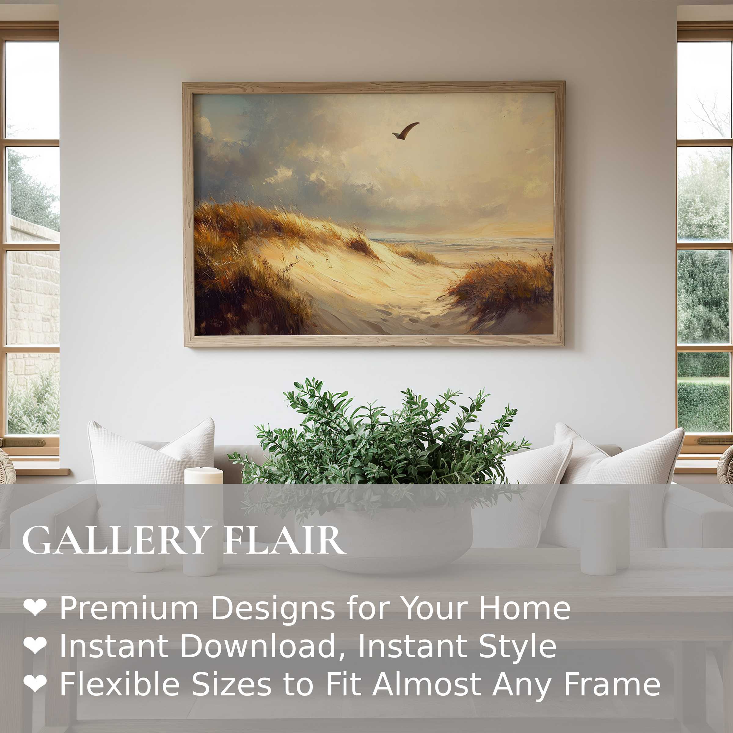 Calming beach wall art print of sunlit dunes and soaring bird, enriching serene modern coastal interiors with natural warmth
