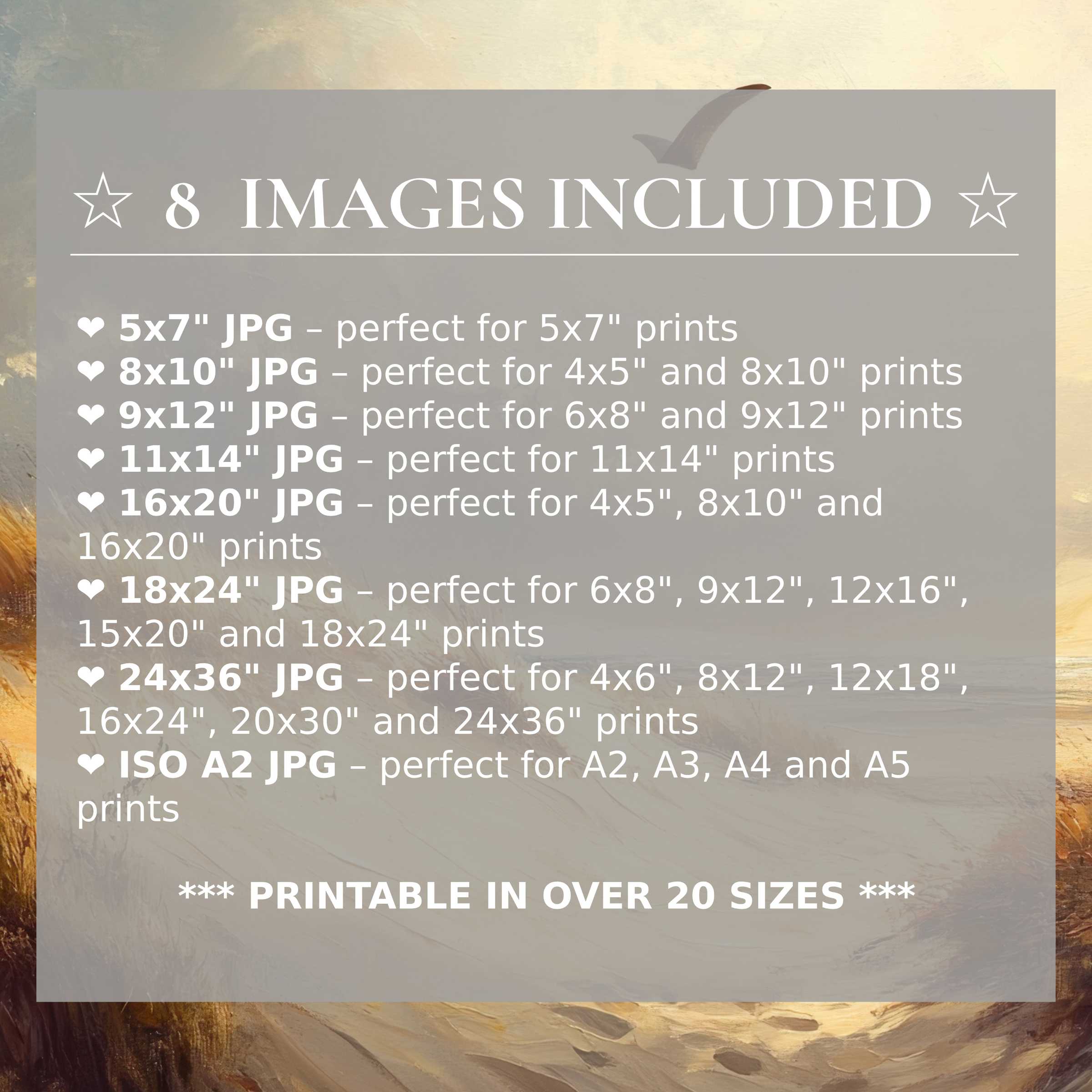 Radiant beach digital print in soothing golden and teal hues, offered in 8 high-quality sizes included for versatile modern decor