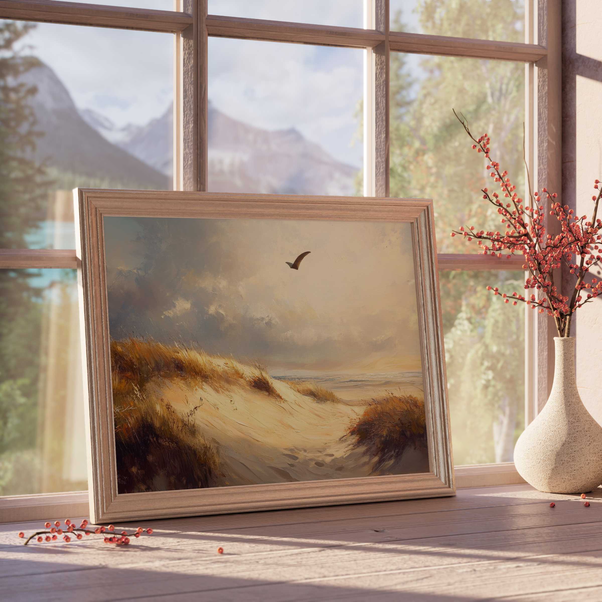 Serene beach downloadable art capturing golden dunes and a soaring bird, enriching elegant, tranquil living spaces with coastal charm