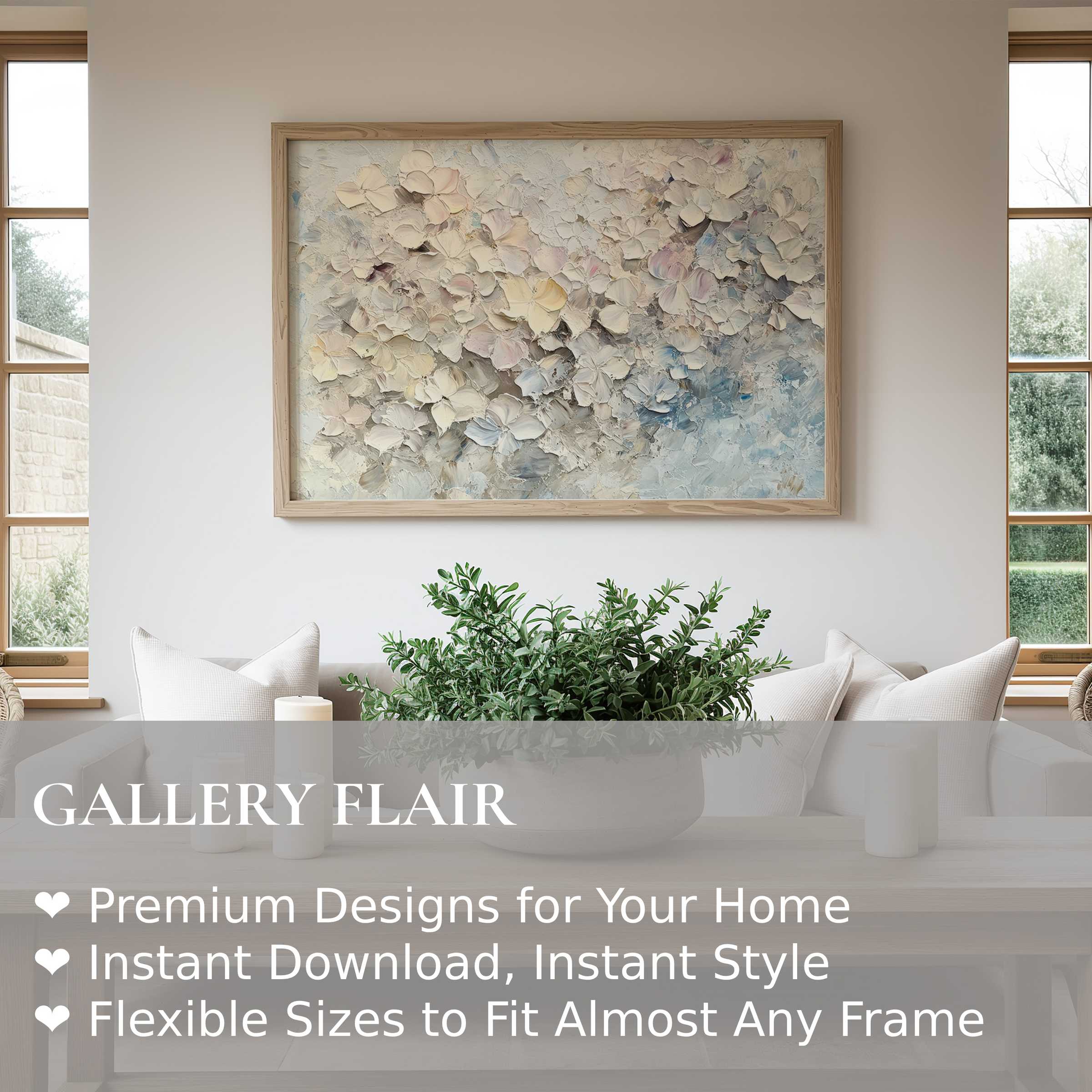 Botanical wall art print with soft, textured florals in creamy hues, elevating a serene modern farmhouse living room