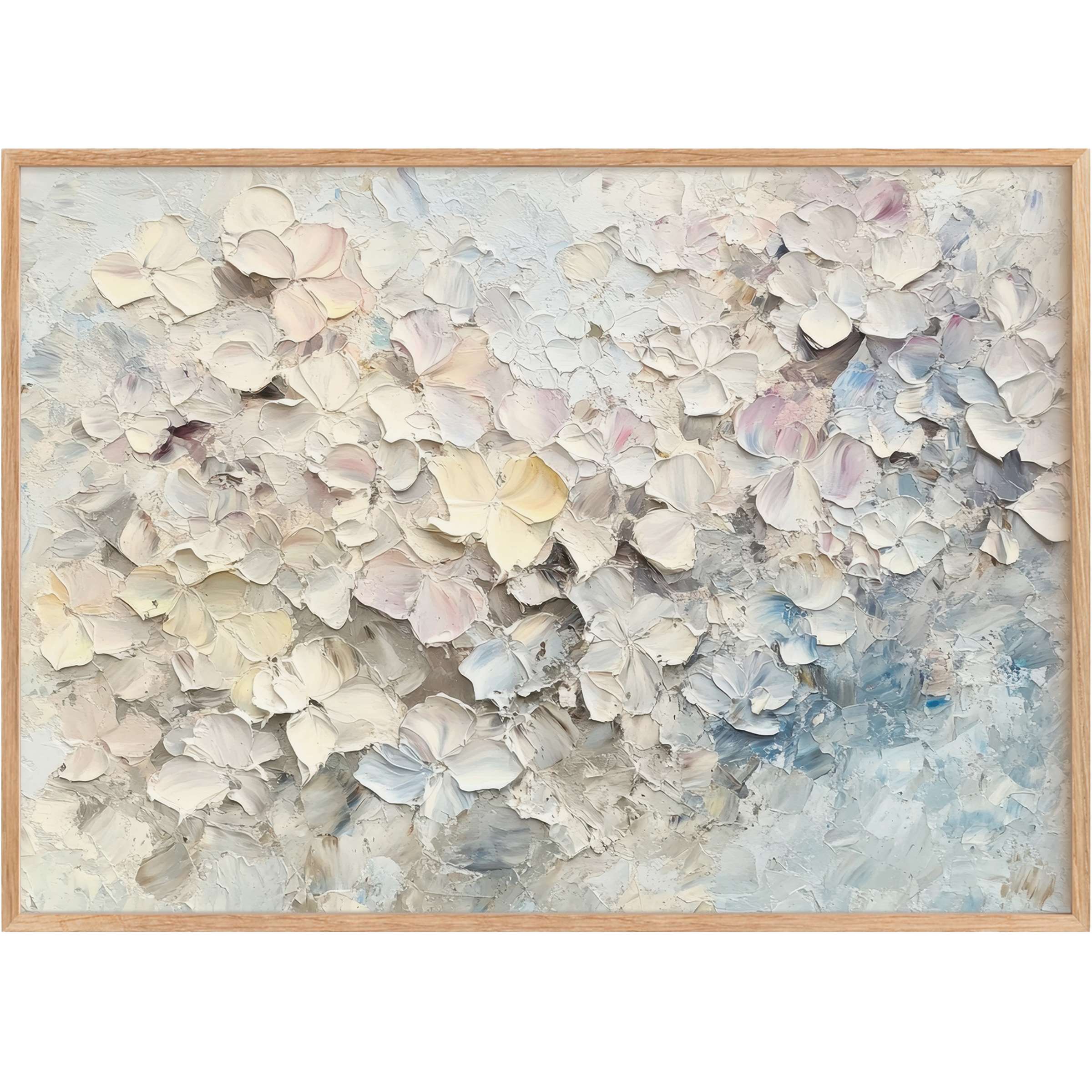 Botanical printable wall art with soft cream, blush, and icy blue petals creates a serene, uplifting ambiance perfect for refined spaces