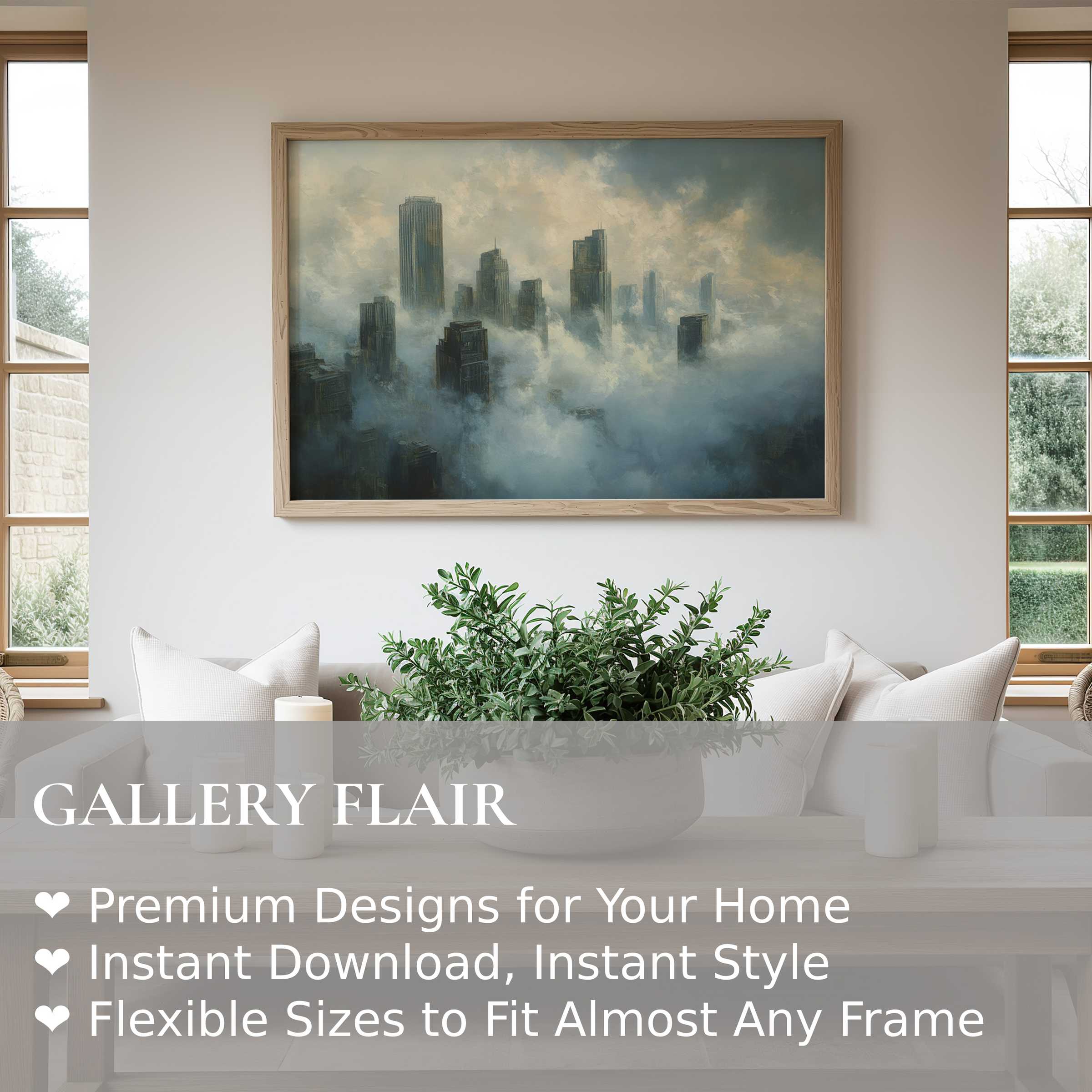 Ethereal urban art wall art print capturing a misty cityscape with bold, moody tones-perfect for enhancing modern, minimalist interiors