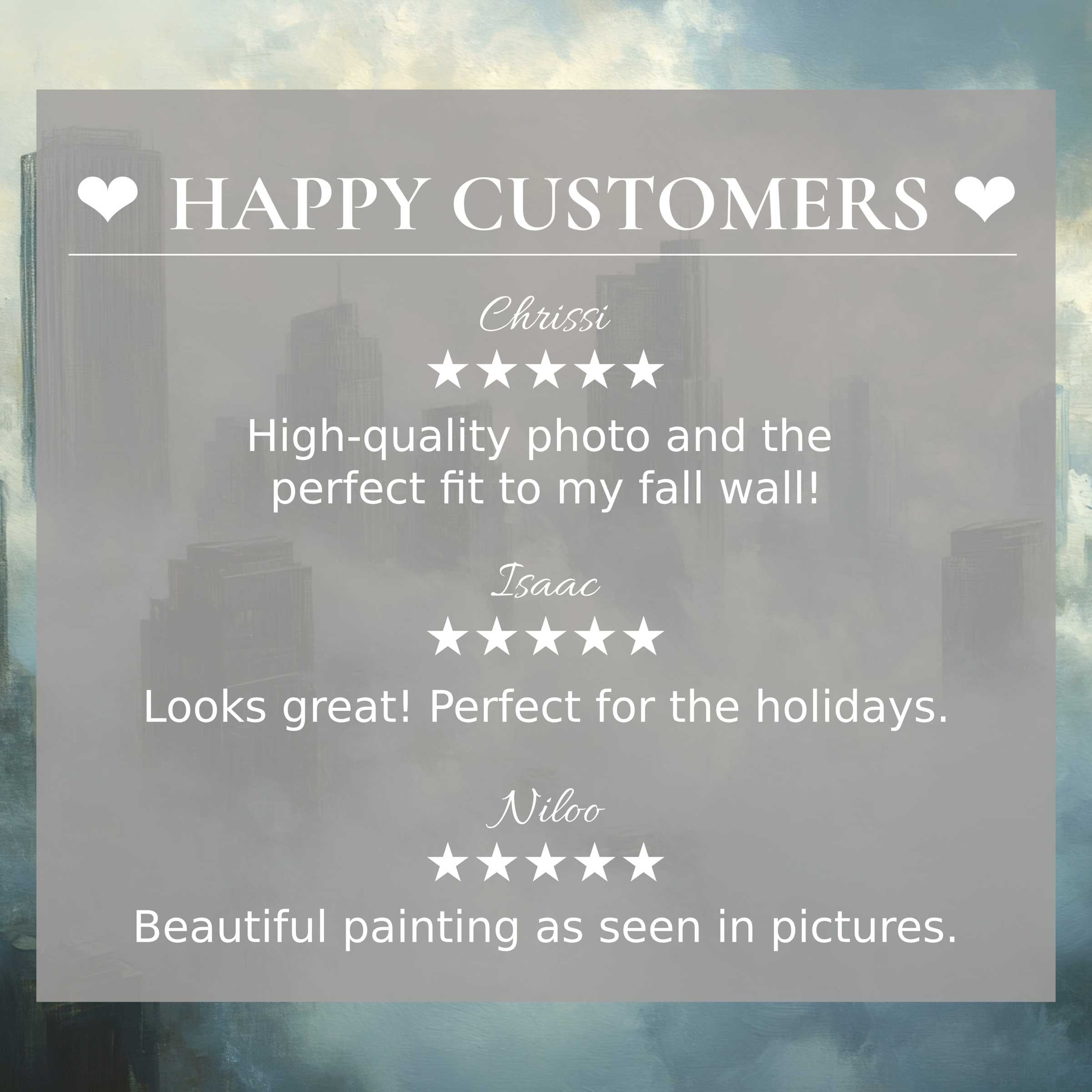 Urban art for Frame TV with abstract sky-blue cityscape; layout exudes trust and celebrates happy customer reviews