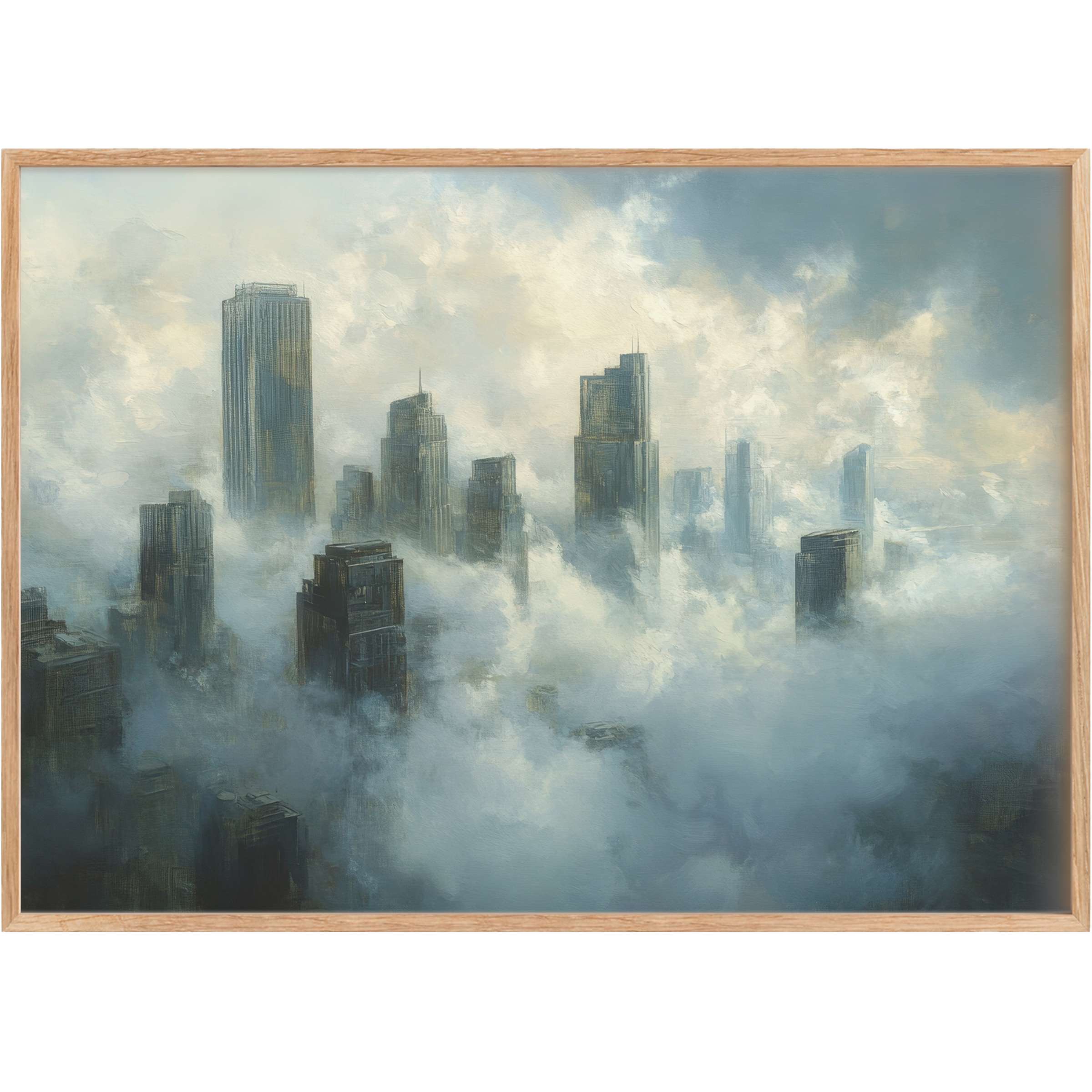 Ethereal urban printable wall art capturing towering skyscrapers enveloped in soft mist, evoking a serene and contemplative mood with cool blues and muted grays