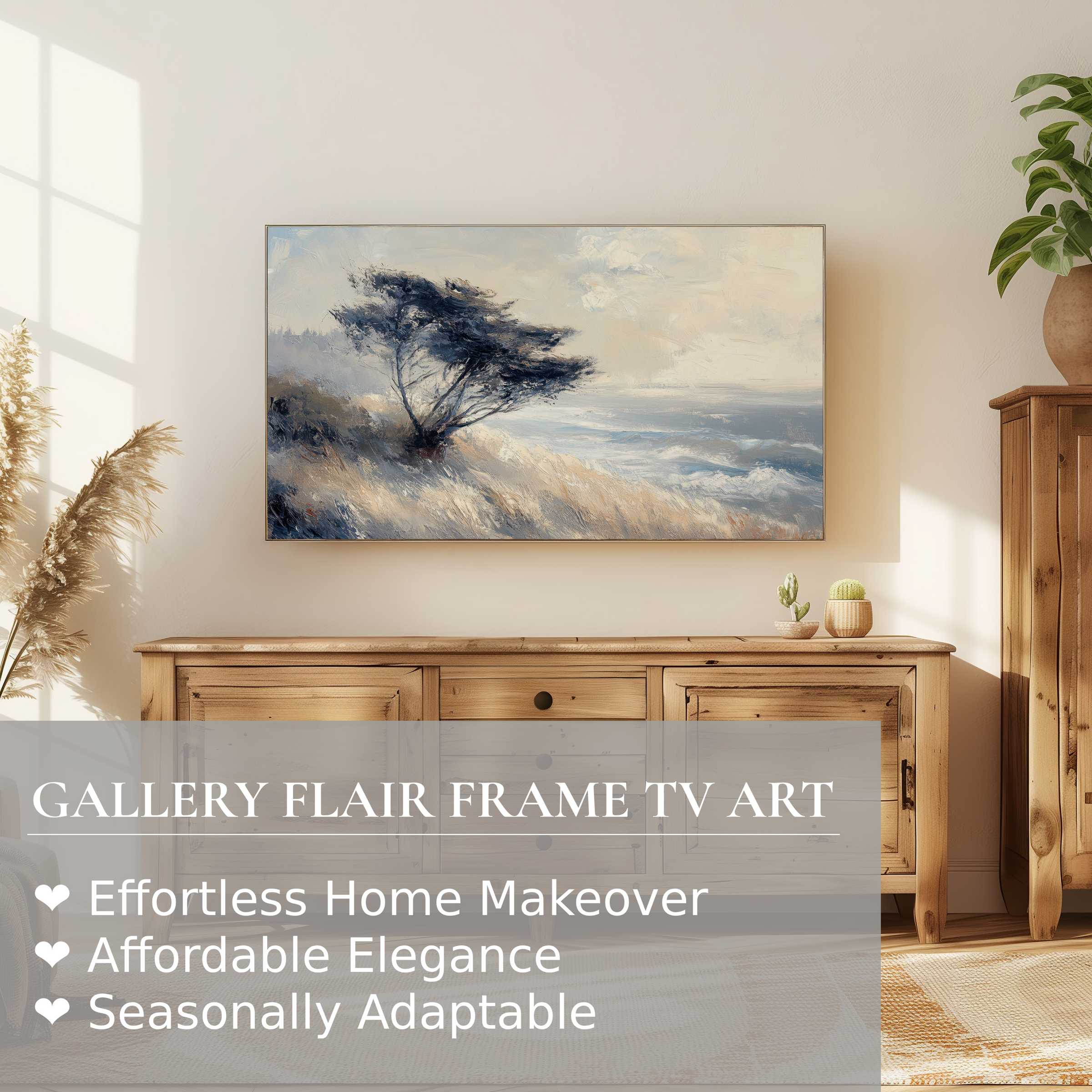Samsung Frame TV displaying elegant tree digital artwork in a serene coastal setting with warm natural accents