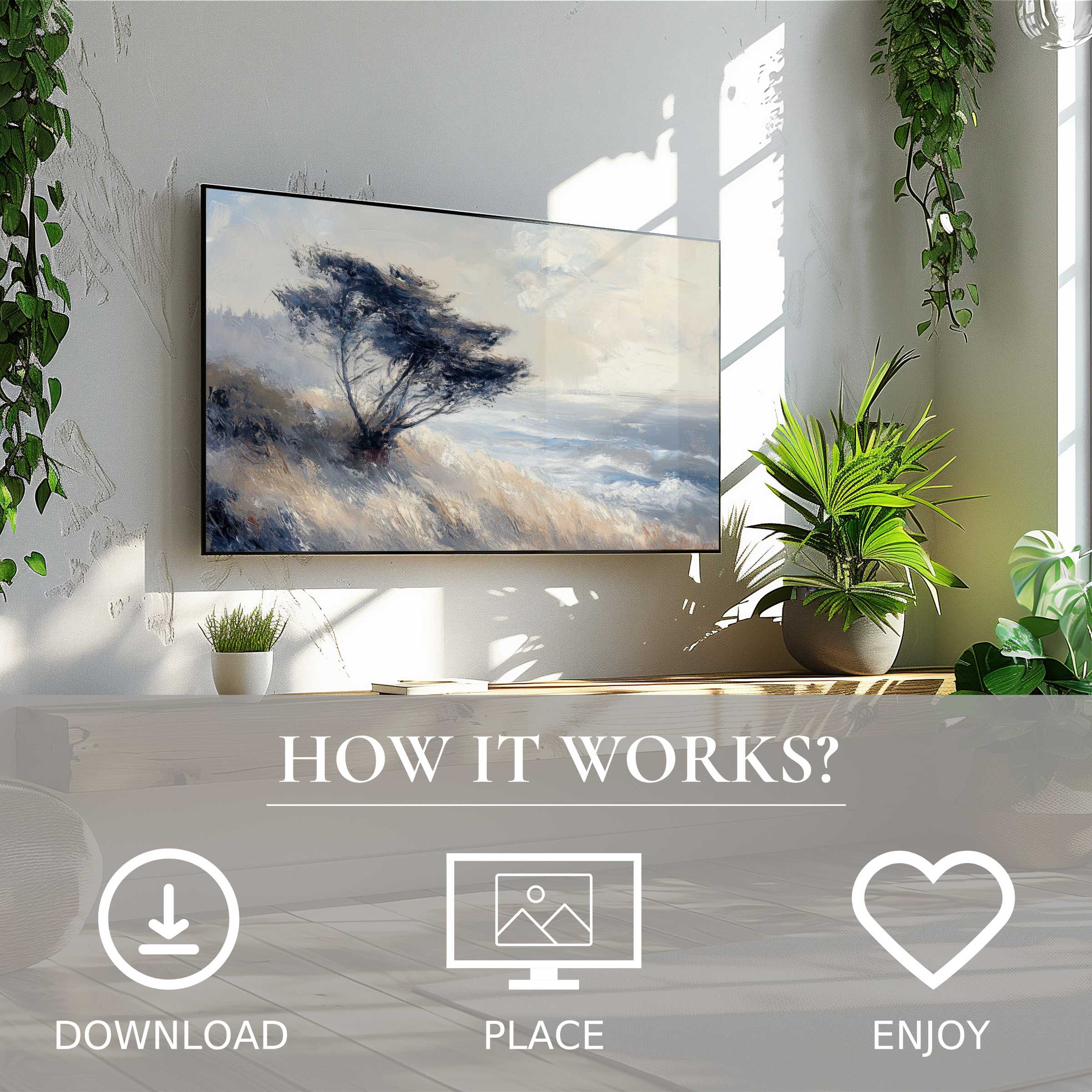 Modern living room with tree art for Samsung TV in soft sunset tones; easy download enriches your space instantly