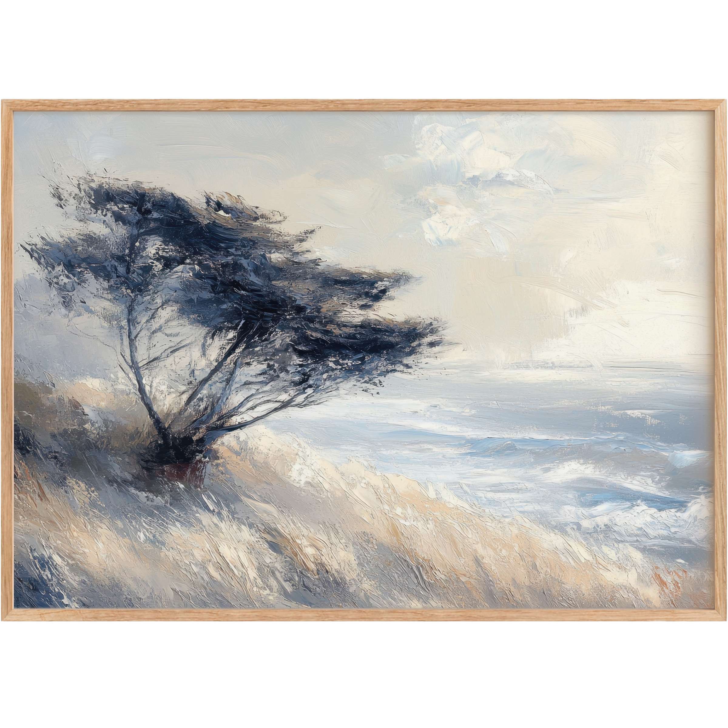 Elegant tree printable wall art capturing a windswept coastal scene in soft blues and sandy neutrals, evoking a serene, contemplative mood