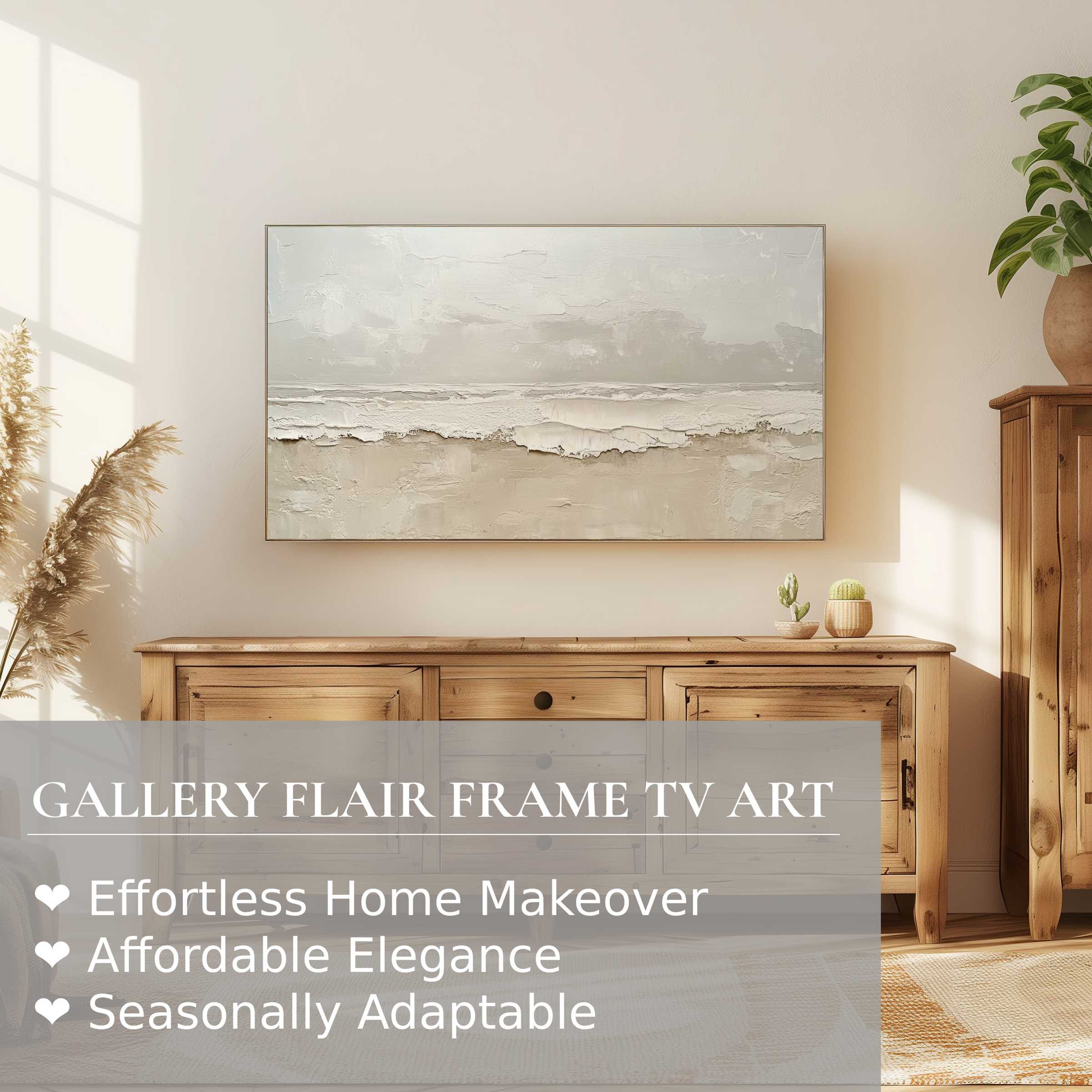 Samsung Frame TV showcases textured, muted summer digital artwork in a serene, modern natural wood interior