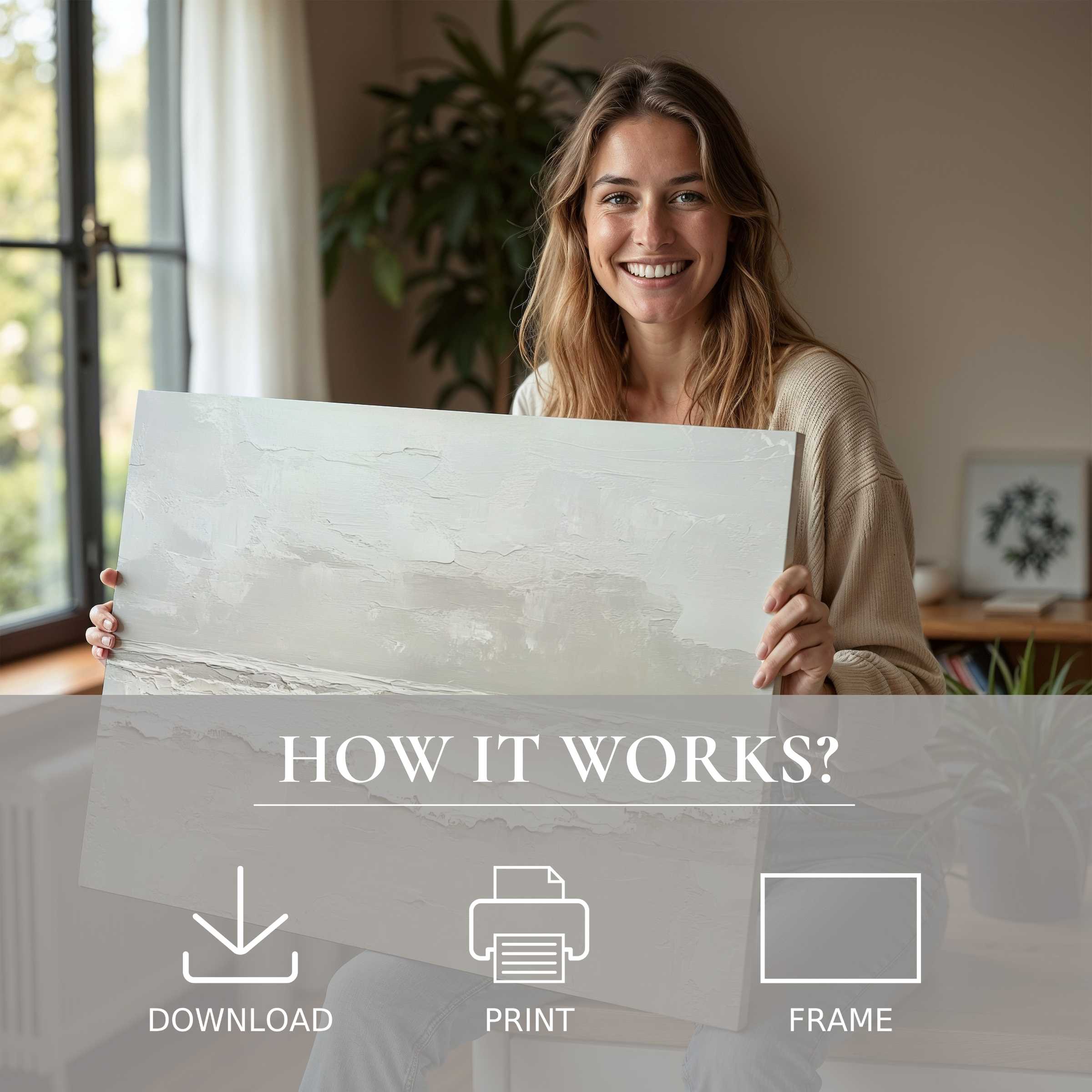 Woman in a sunlit modern home embracing a serene summer digital art print, inspiring joy and effortless elegance