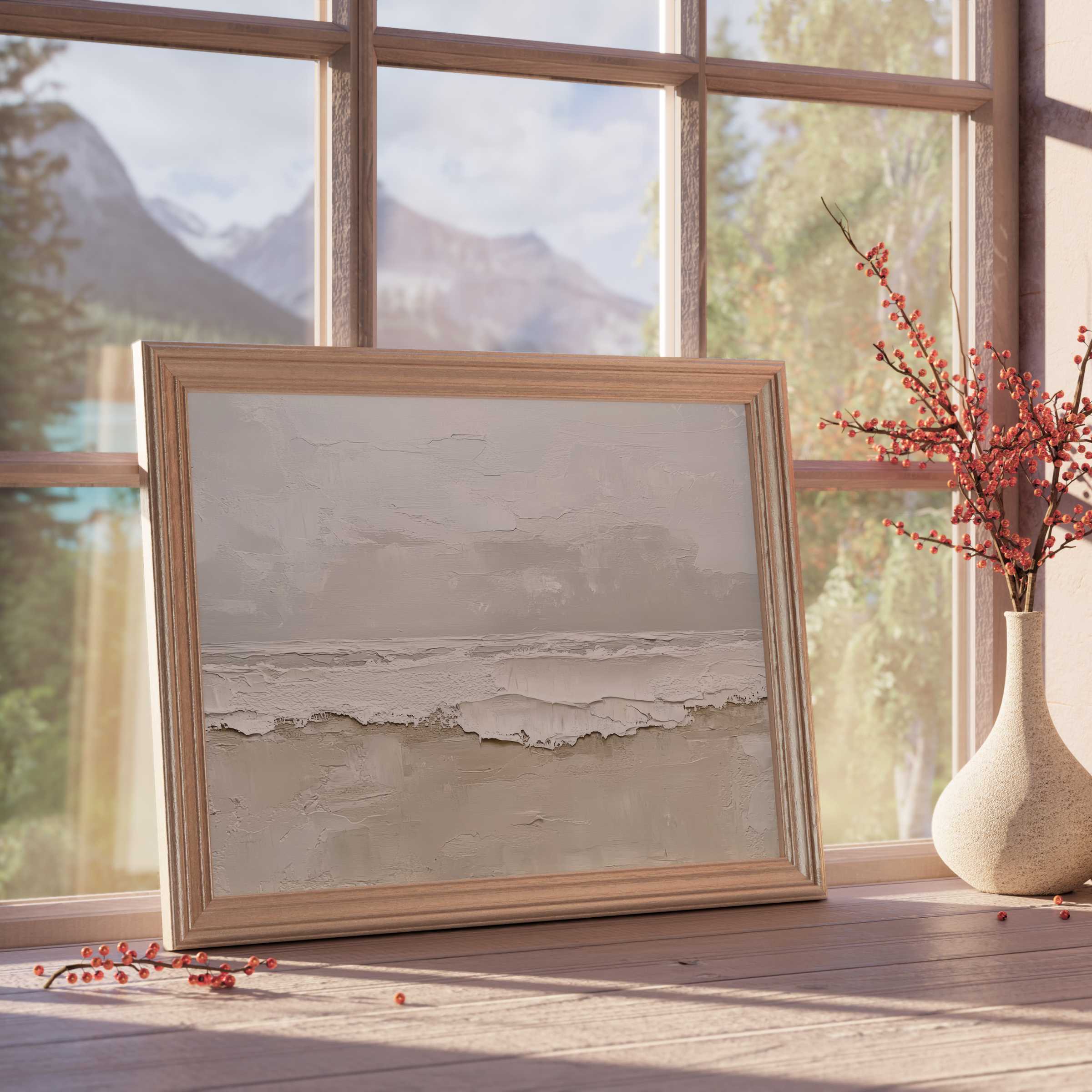 Tranquil summer downloadable art with textured coastal tones, elevating serene, curated interiors with natural elegance and warm light
