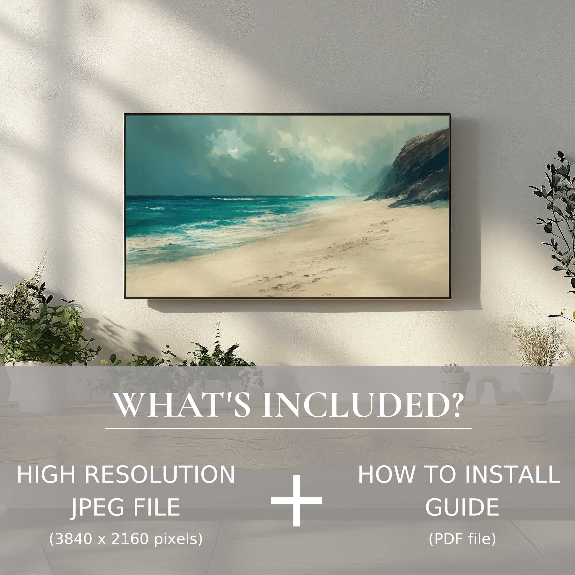 Elegant coastal digital TV art download enhances serene living spaces with easy digital use and high-resolution file