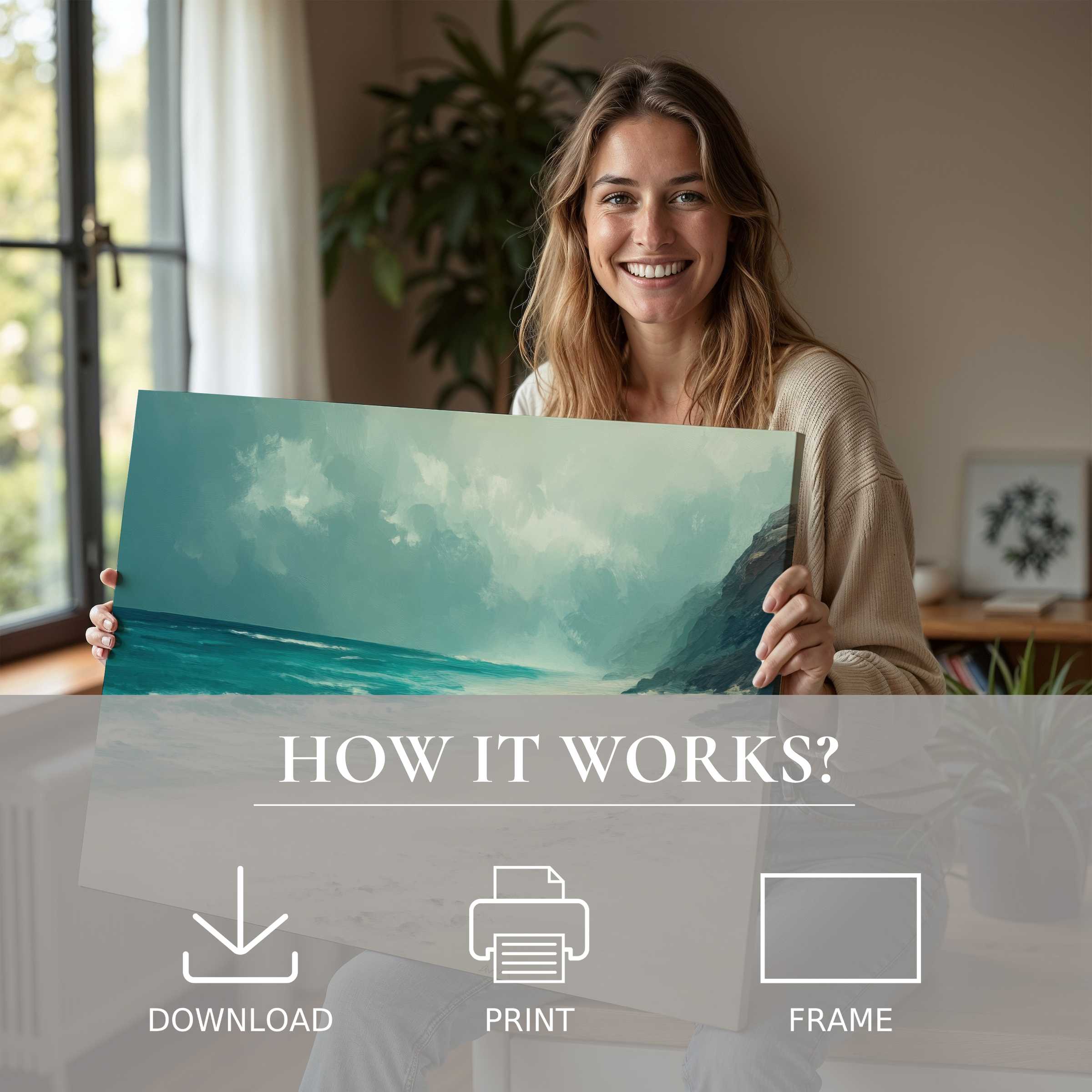 Woman joyfully unveiling a serene coastal digital art print in a chic modern home, embodying effortless elegance