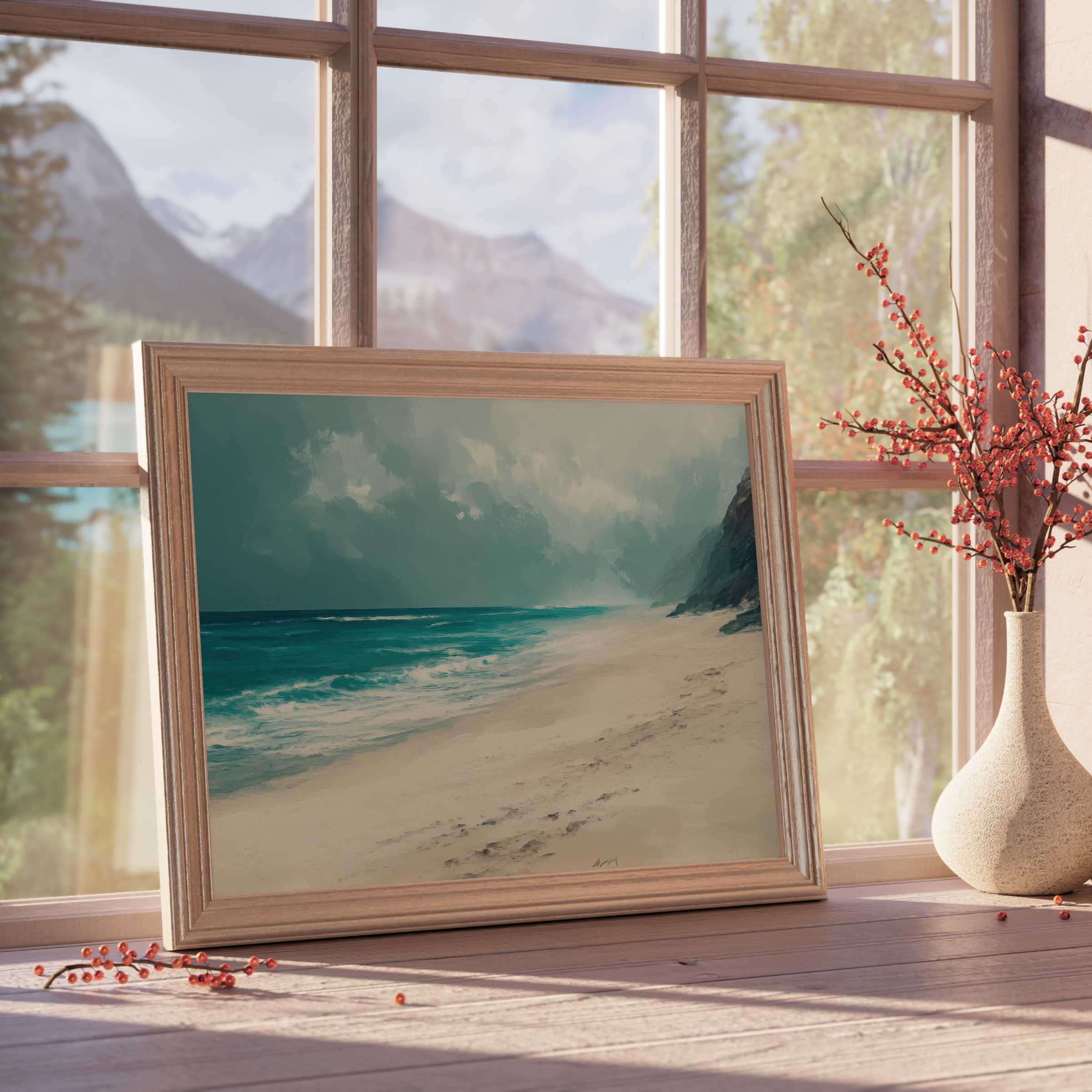 Coastal downloadable art capturing serene ocean waves and sandy shores, elevating tranquil, refined interiors with natural elegance