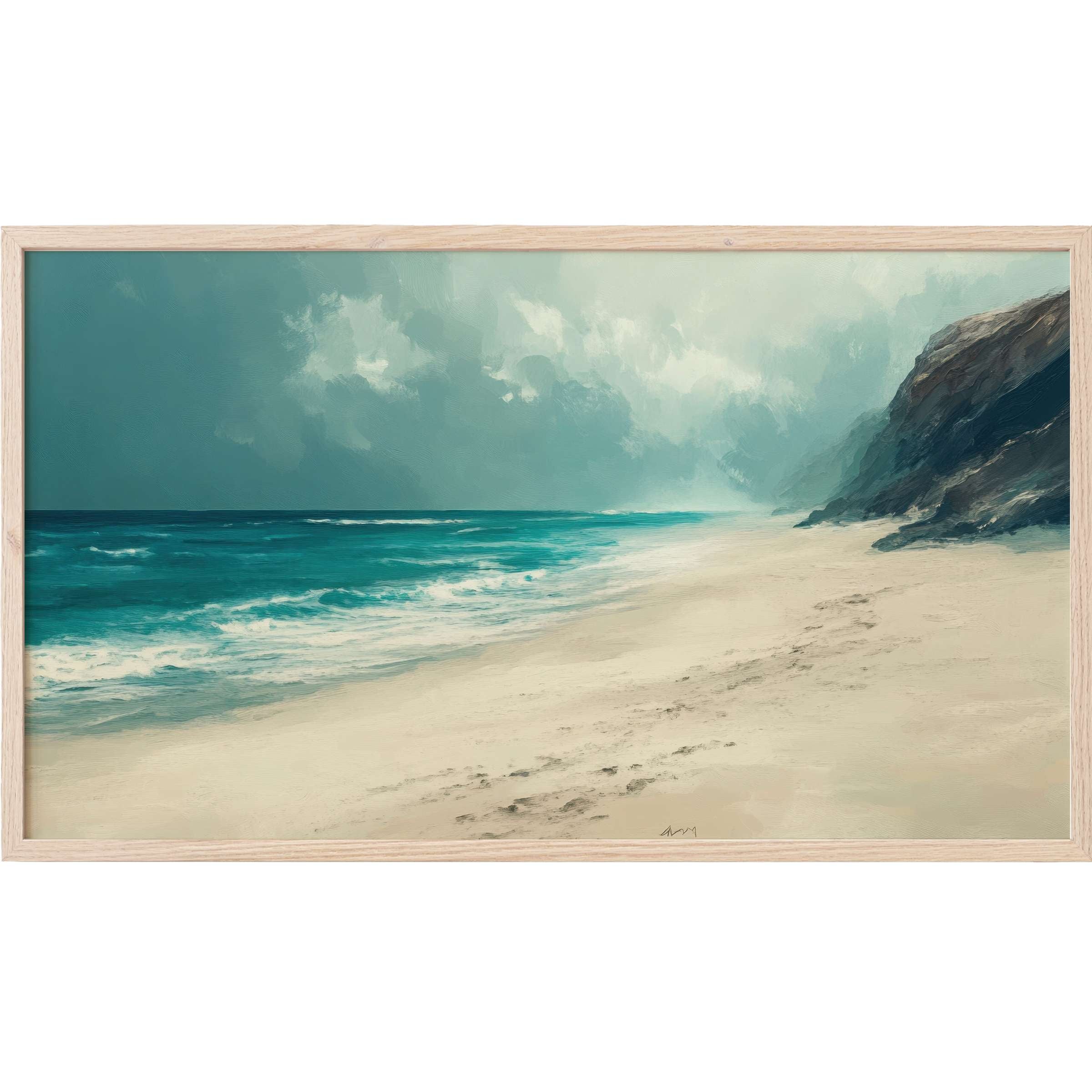 Serene coastal Frame TV Art with soft sand, turquoise waves, and misty cliffs in muted blue-green tones