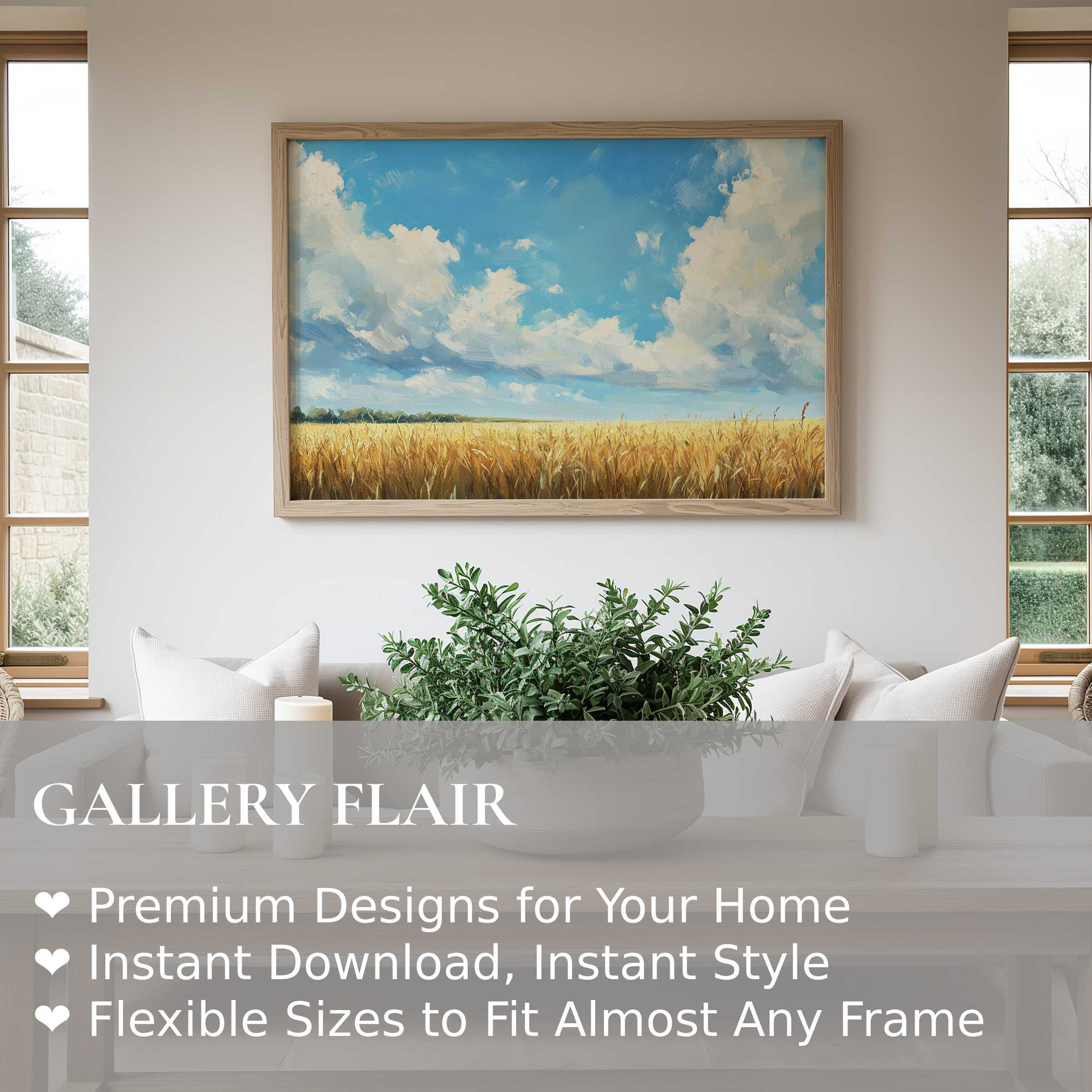 Farmhouse wall art print capturing a radiant wheat field under soft clouds, enhancing modern rustic interiors with serene charm